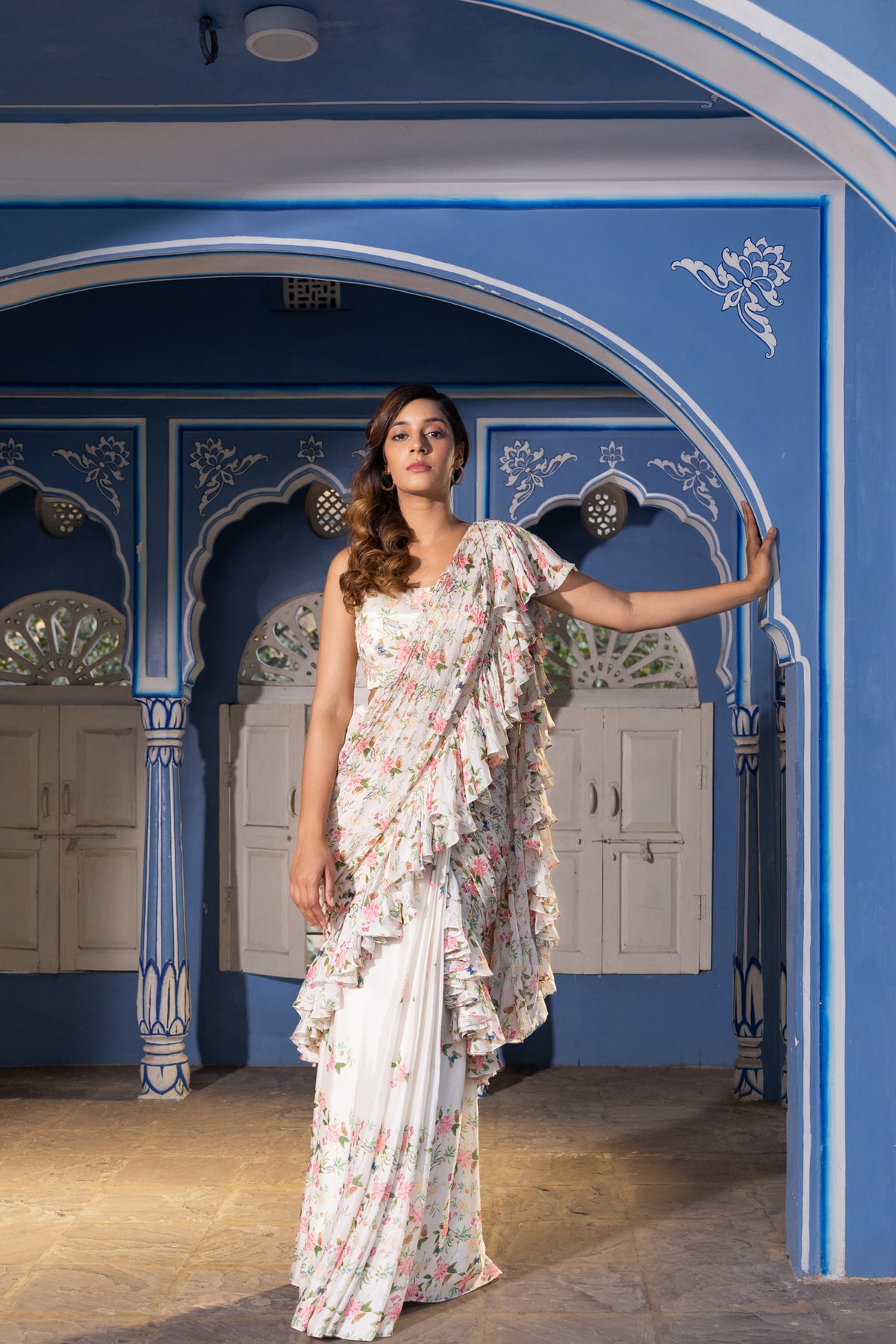 Off White Pre Drape Ruffle Saree