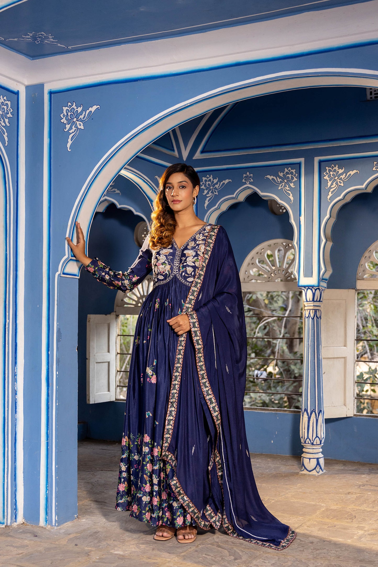 Navy Blue Georgette Crepe Hand Embroidered Anarkali Set