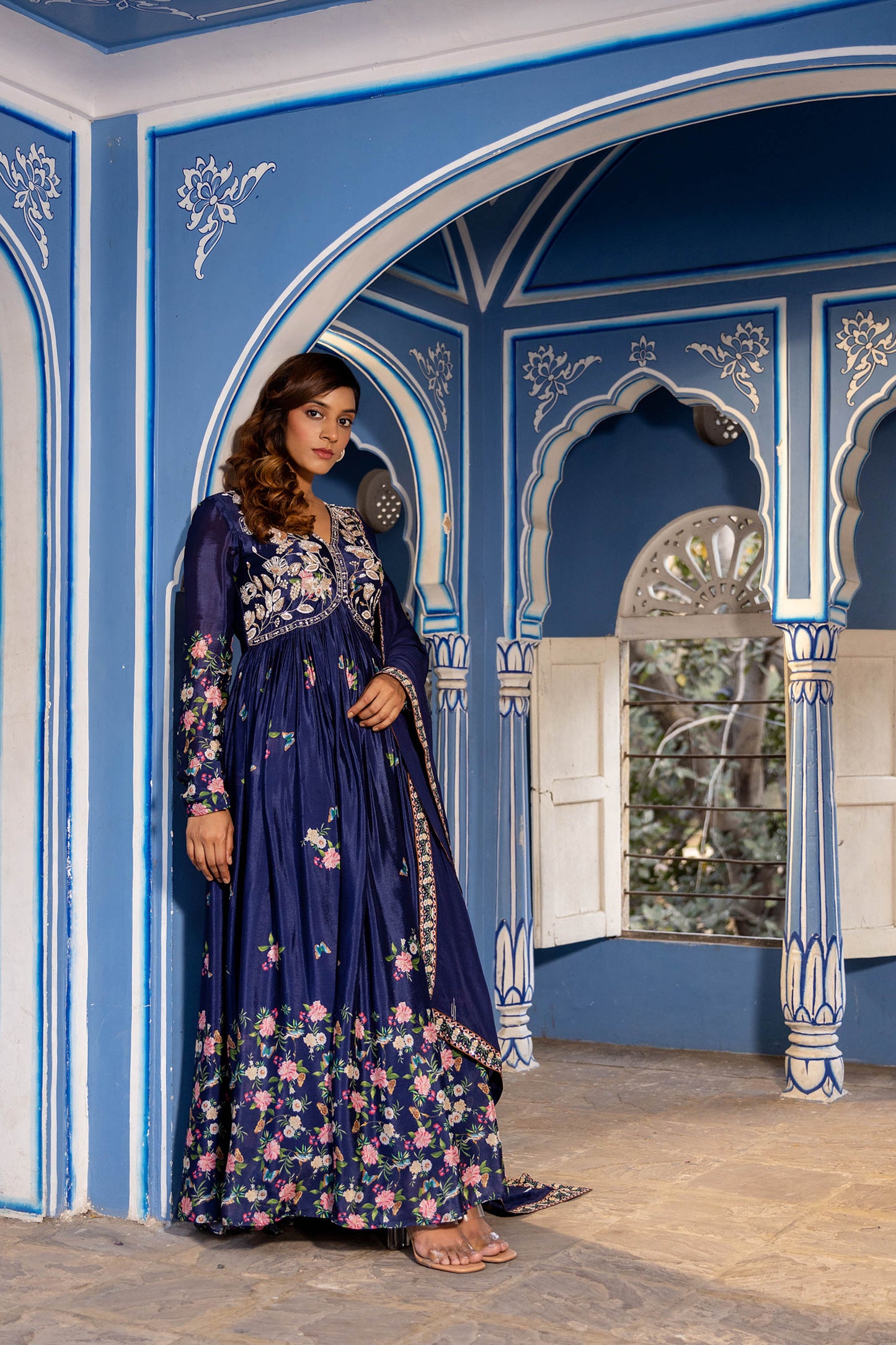 Navy Blue Georgette Crepe Hand Embroidered Anarkali Set