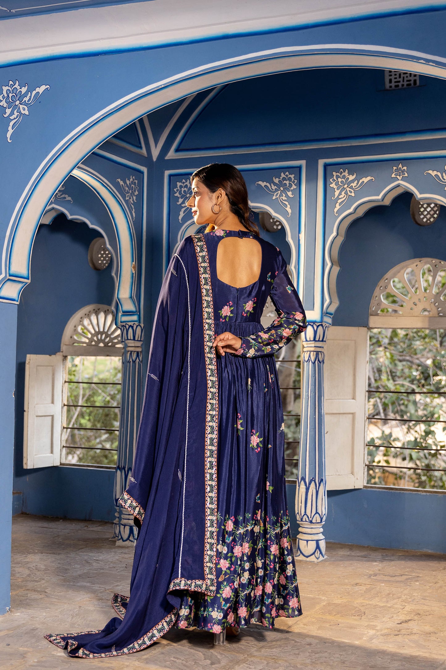 Navy Blue Georgette Crepe Hand Embroidered Anarkali Set