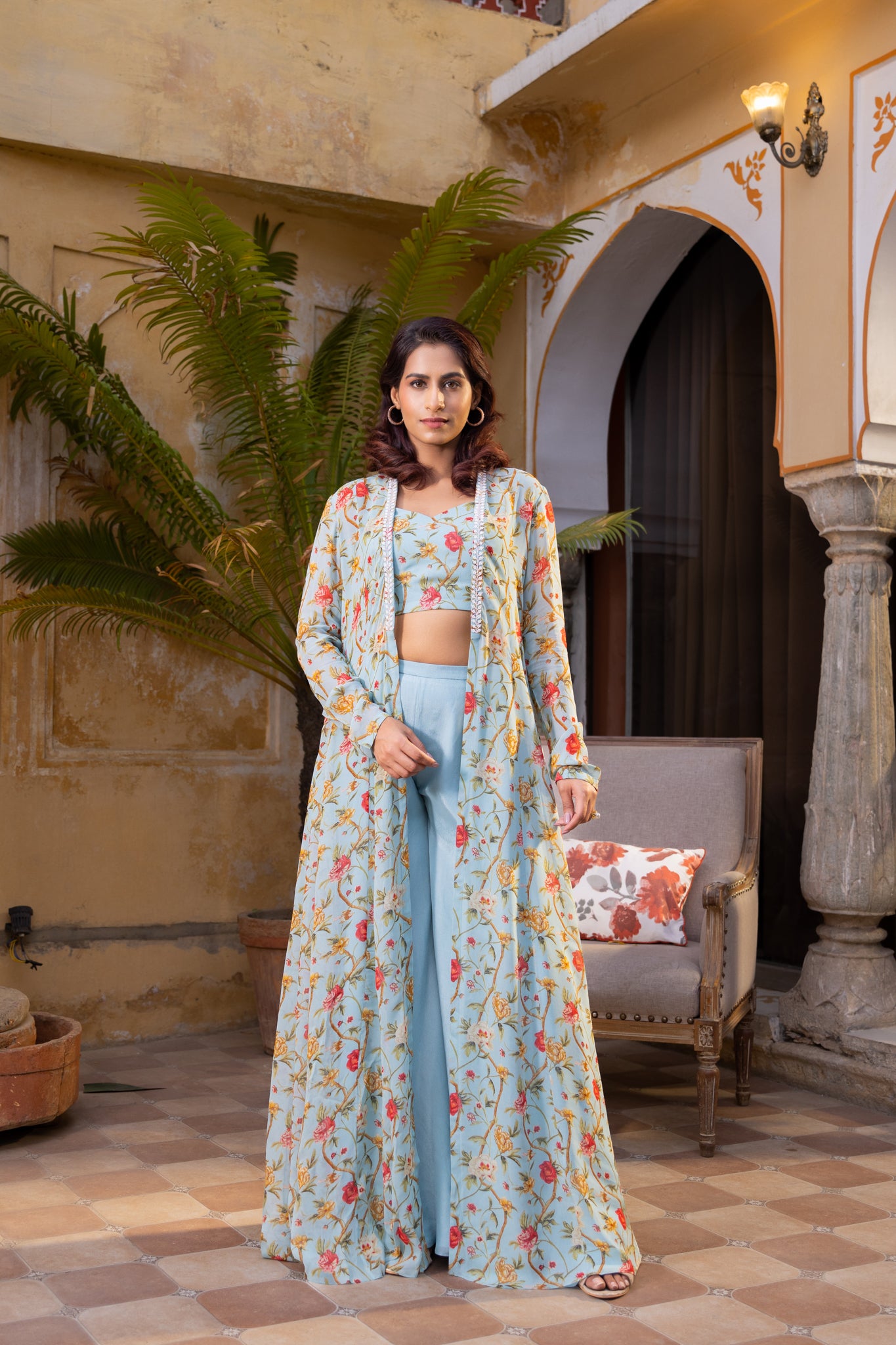 Light Blue Georgette Embroidered Jacket Set