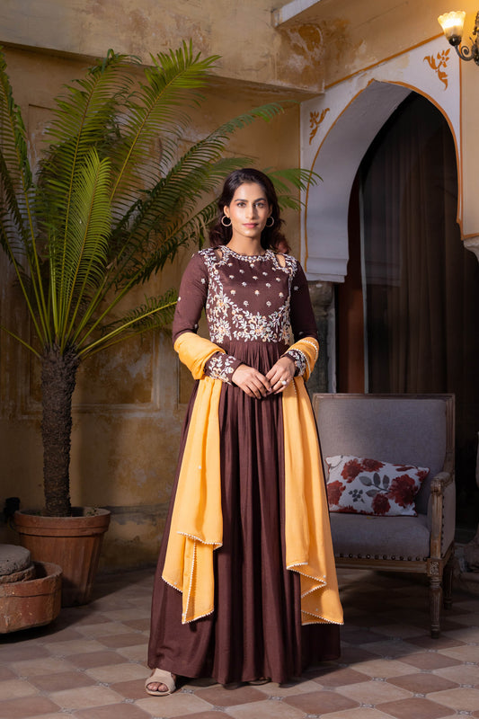 Brown Georgette Crepe Embroidered Anarkali Set