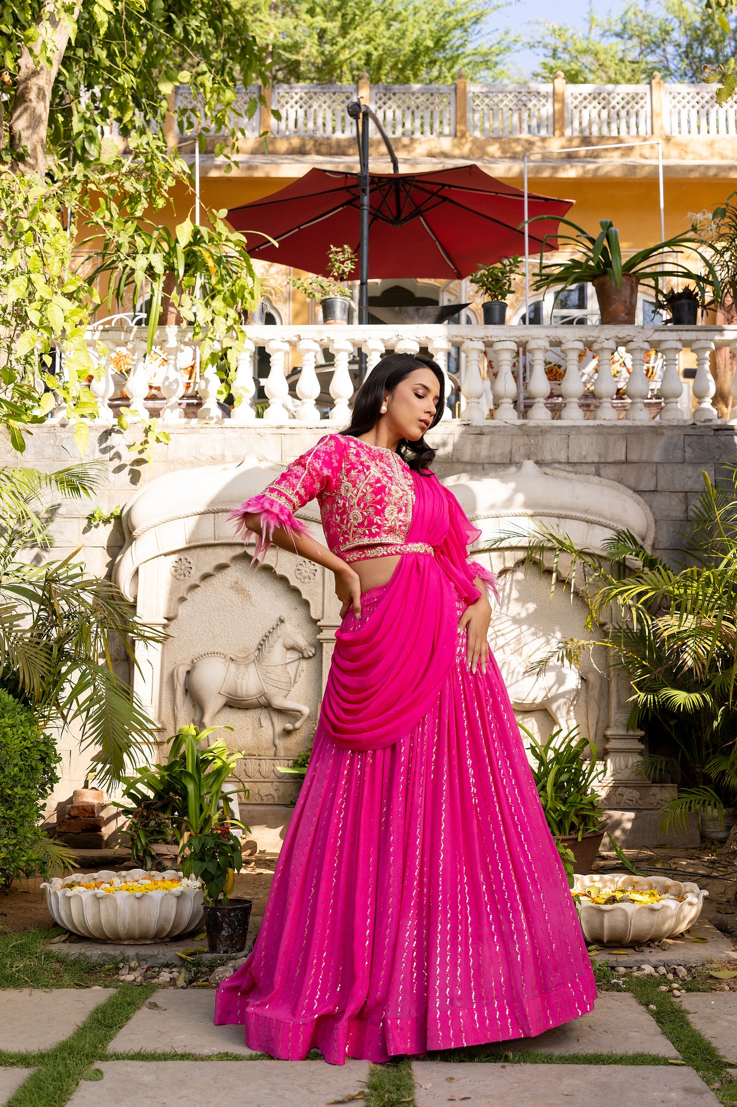 Pink fur pre drape lehenga set