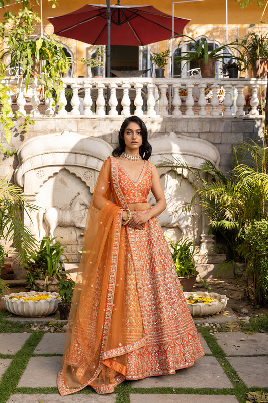 Rust orange bridal  lehenga set