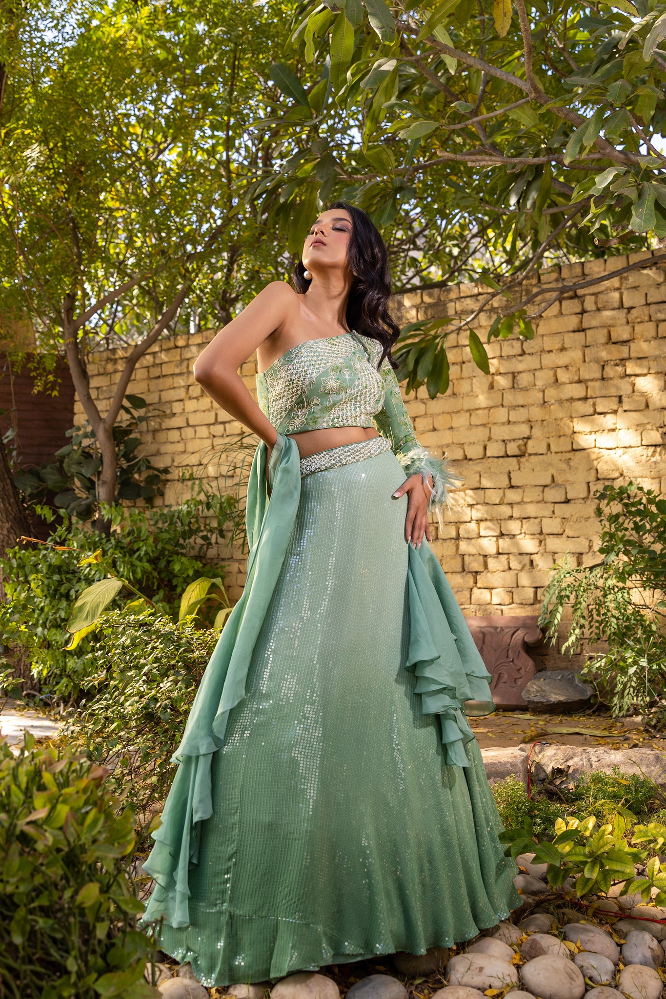 Green one shoulder Sequin lehenga set