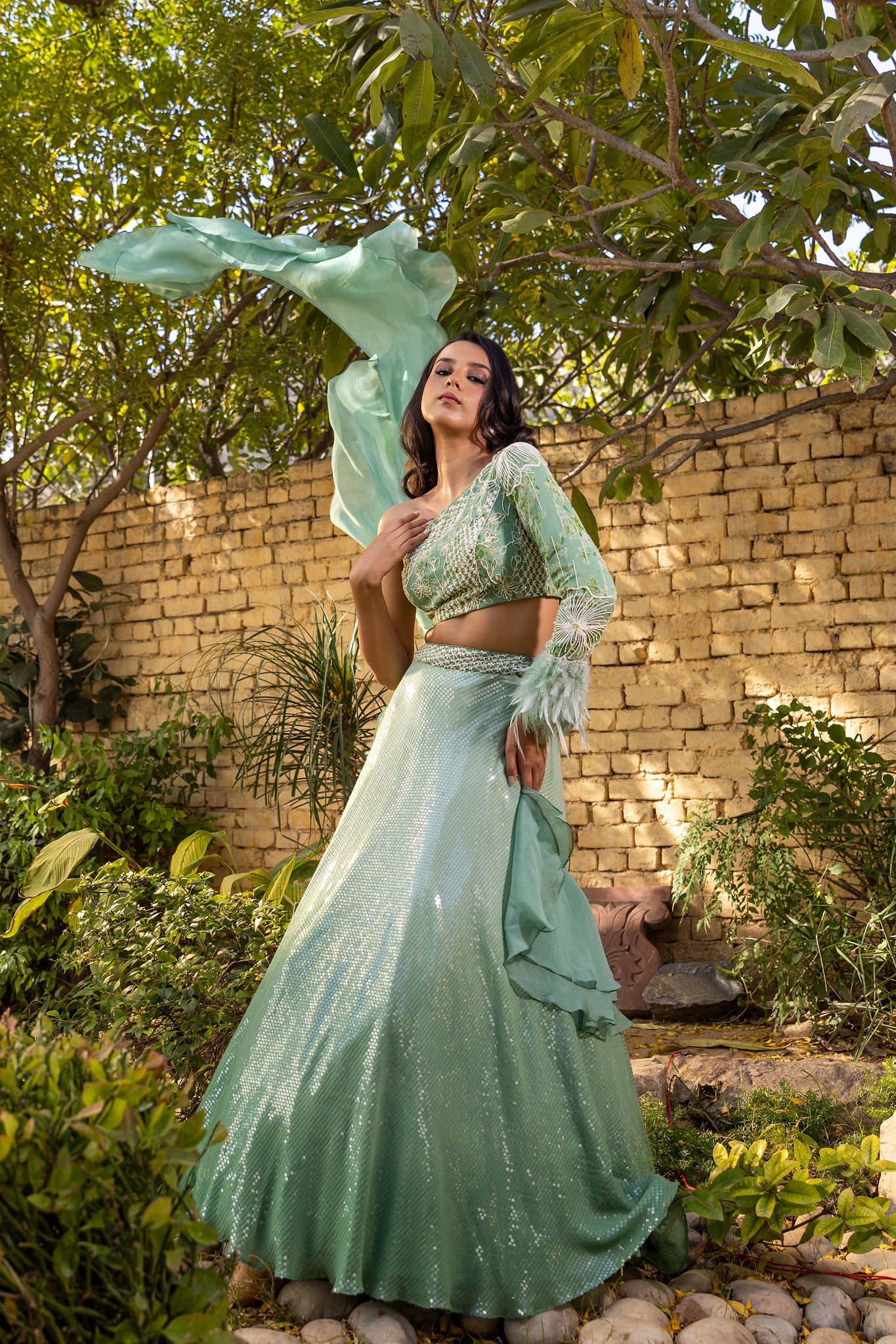 Green one shoulder Sequin lehenga set