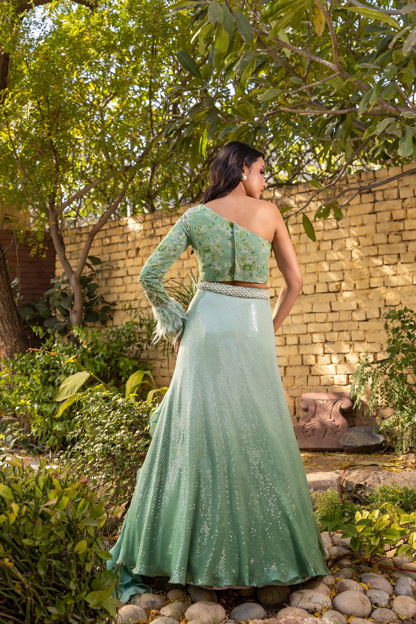 Green one shoulder Sequin lehenga set