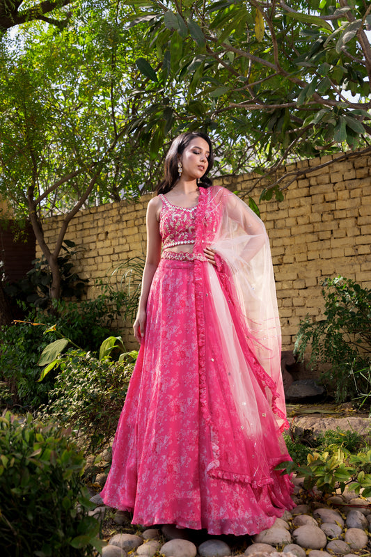 Pink mirror lehenga set