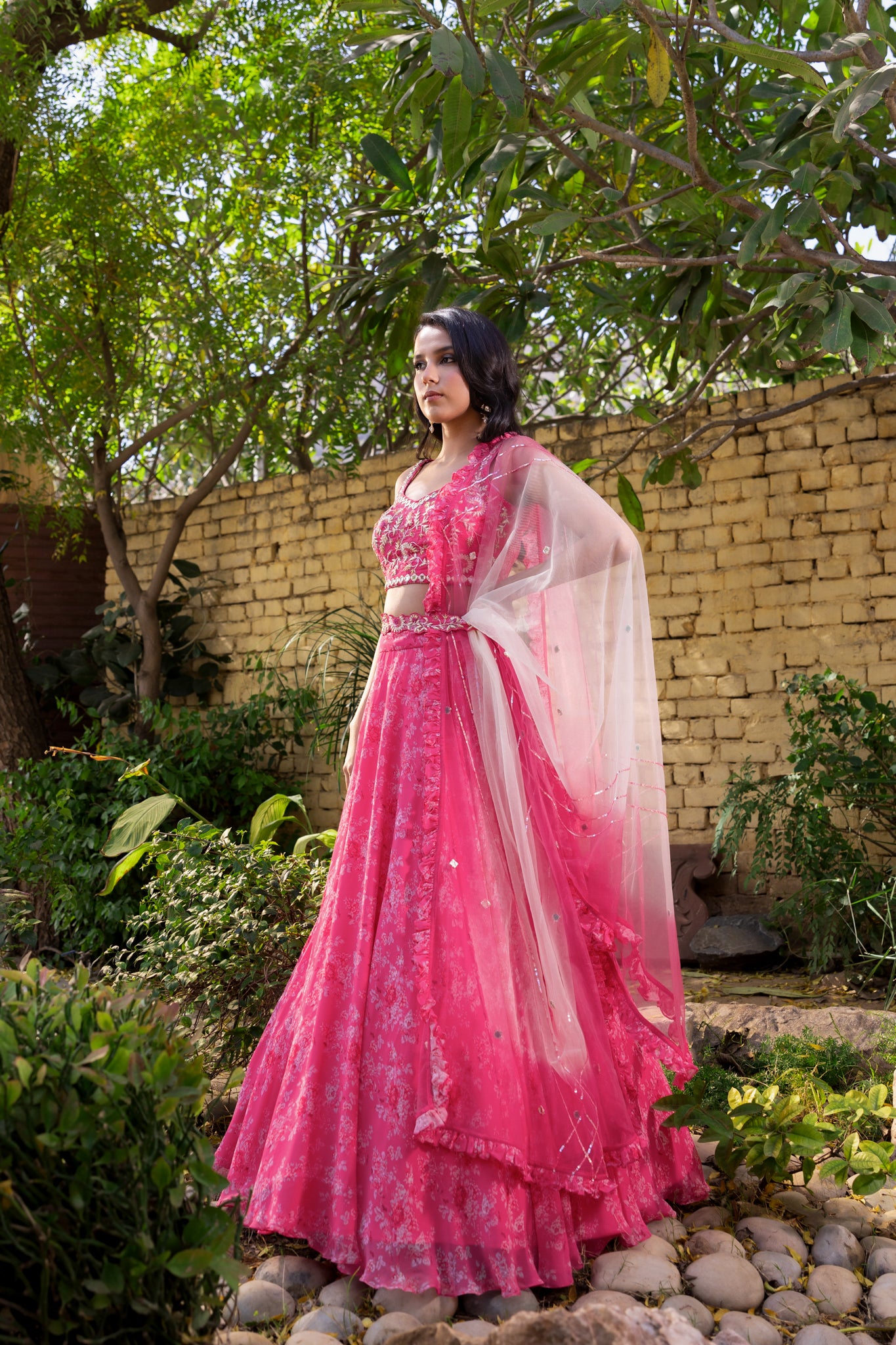 Pink mirror lehenga set