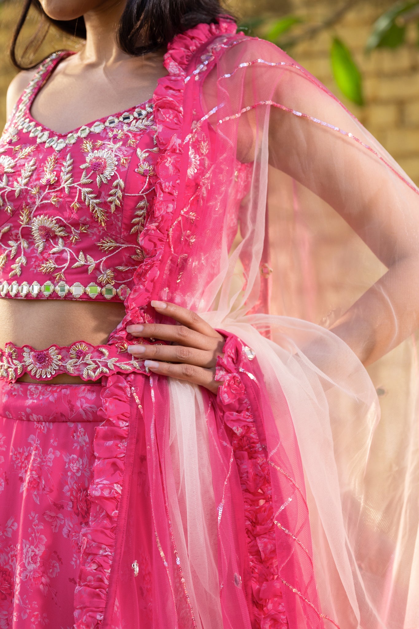 Pink mirror lehenga set