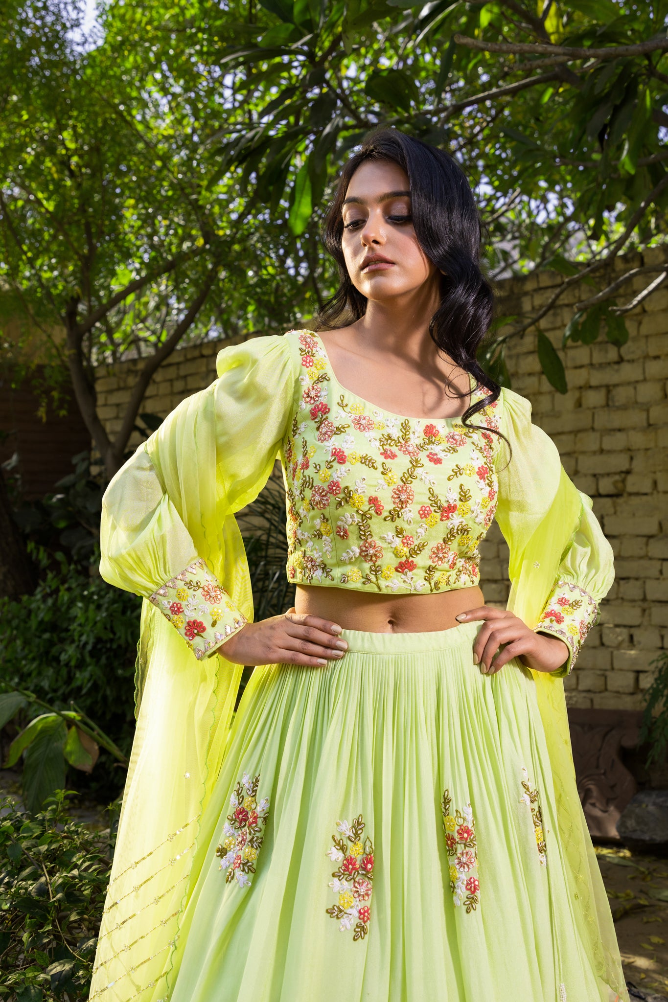 Mint thread work lehenga set