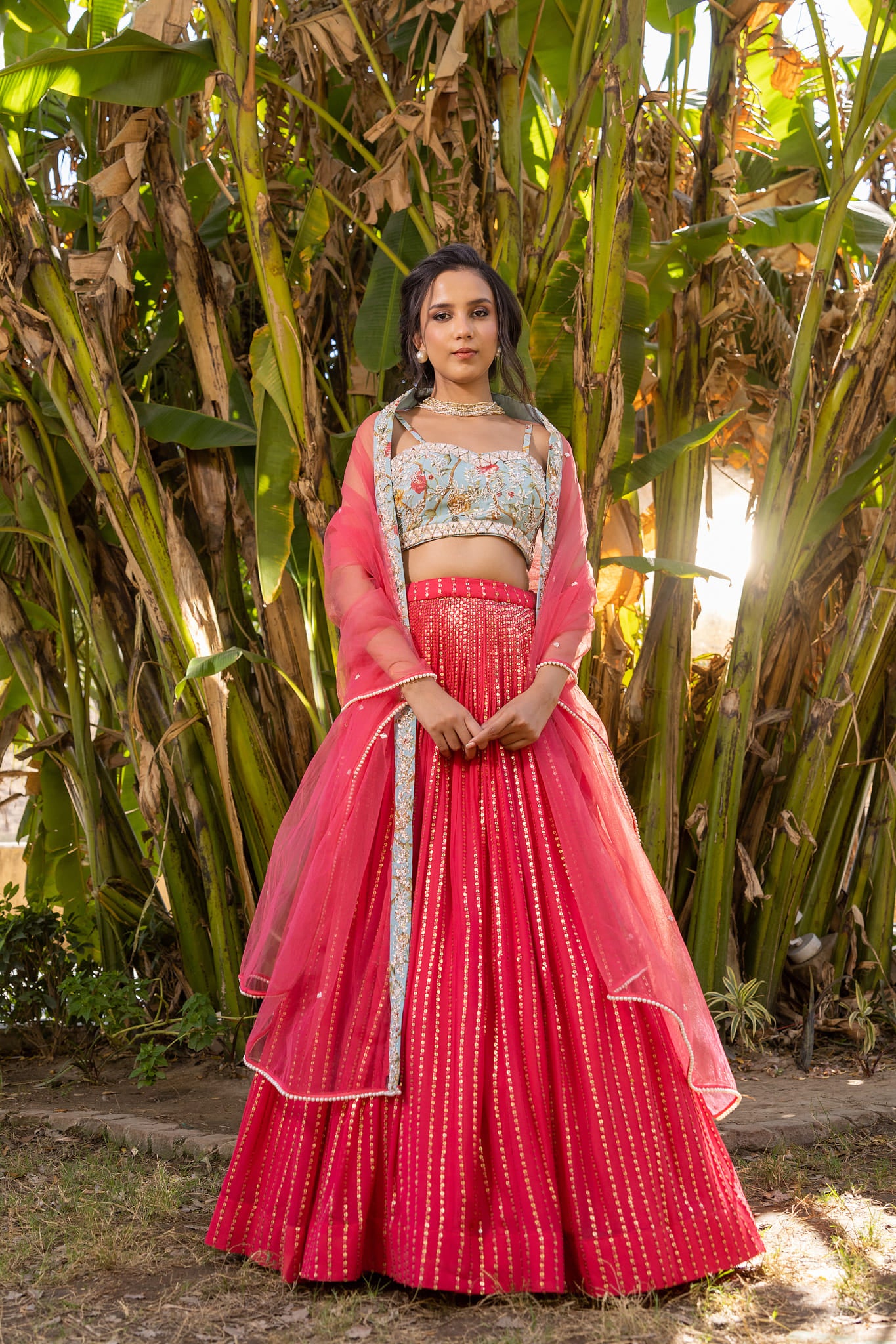 Coral And Light Blue Lehenga Set