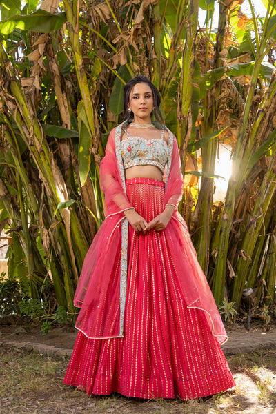 Coral And Light Blue Lehenga Set