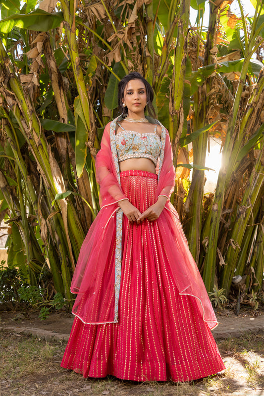 Coral And Light Blue Lehenga Set