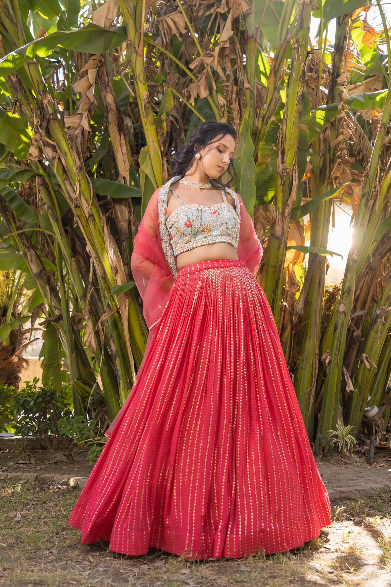 Coral And Light Blue Lehenga Set