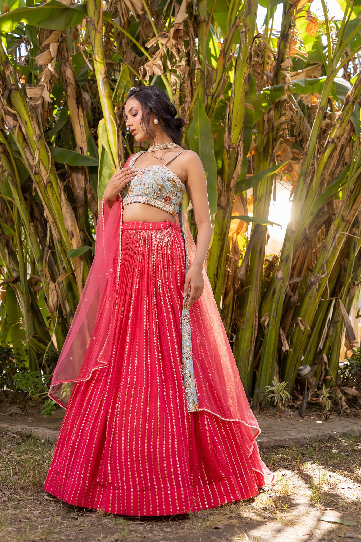 Coral And Light Blue Lehenga Set