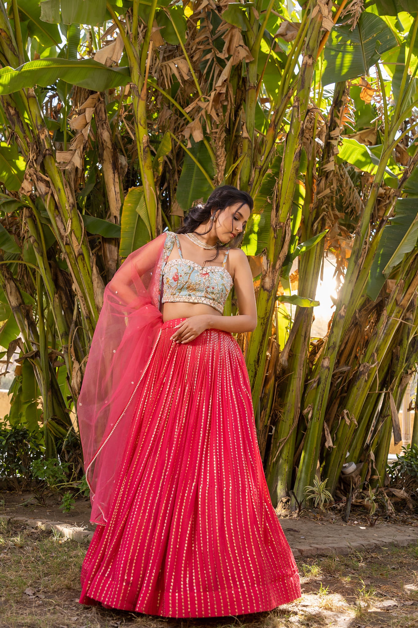 Coral And Light Blue Lehenga Set