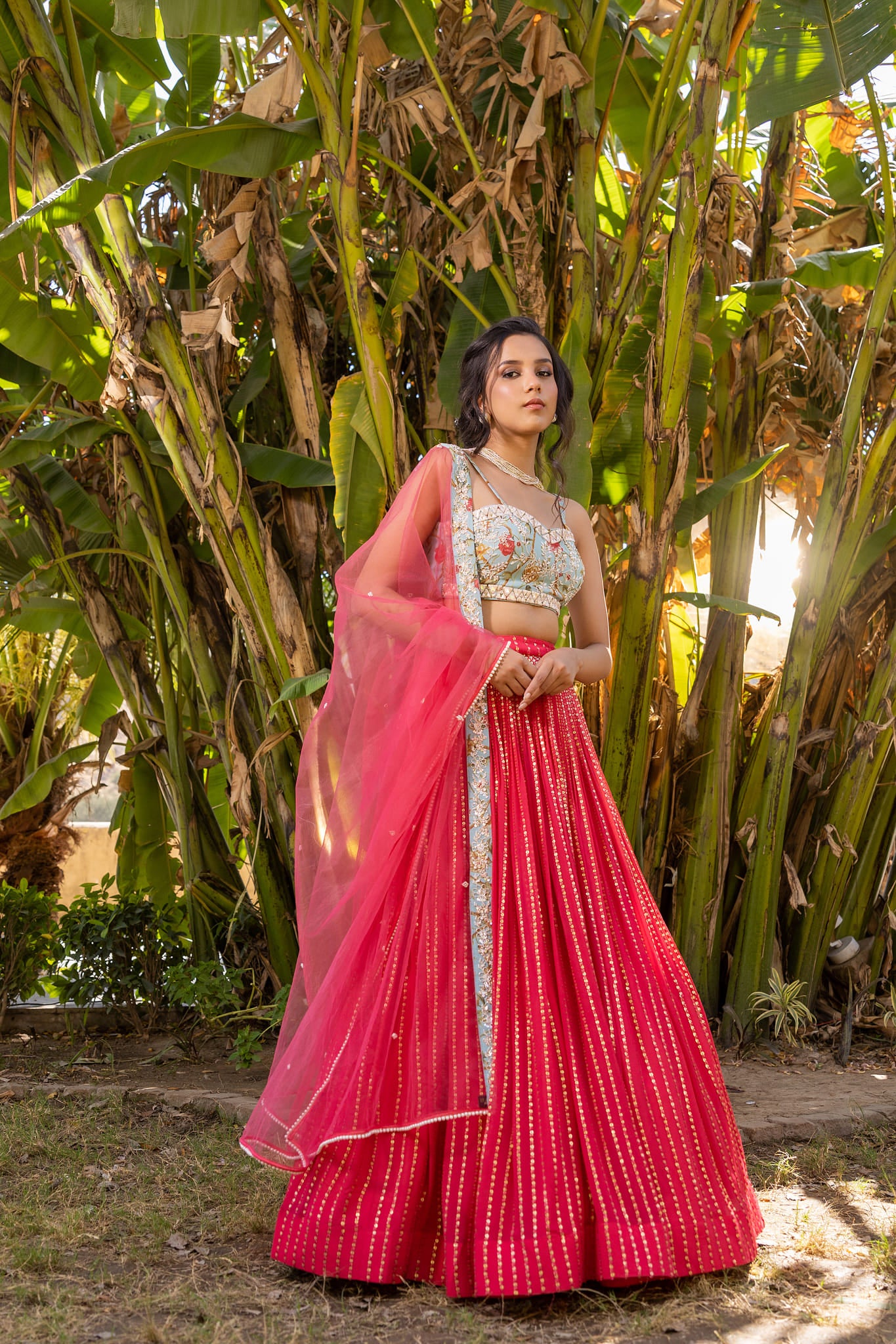 Coral And Light Blue Lehenga Set