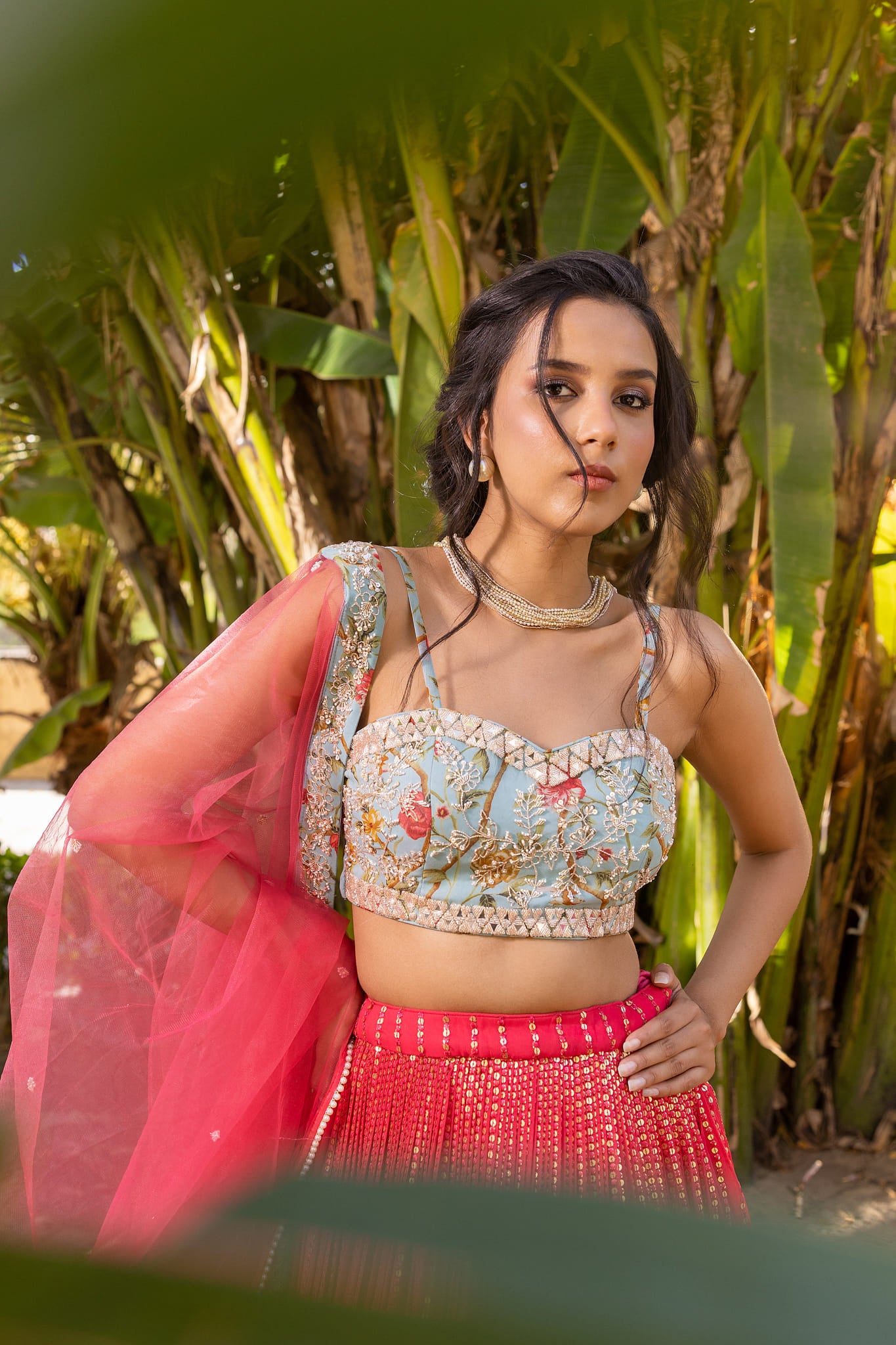 Coral And Light Blue Lehenga Set