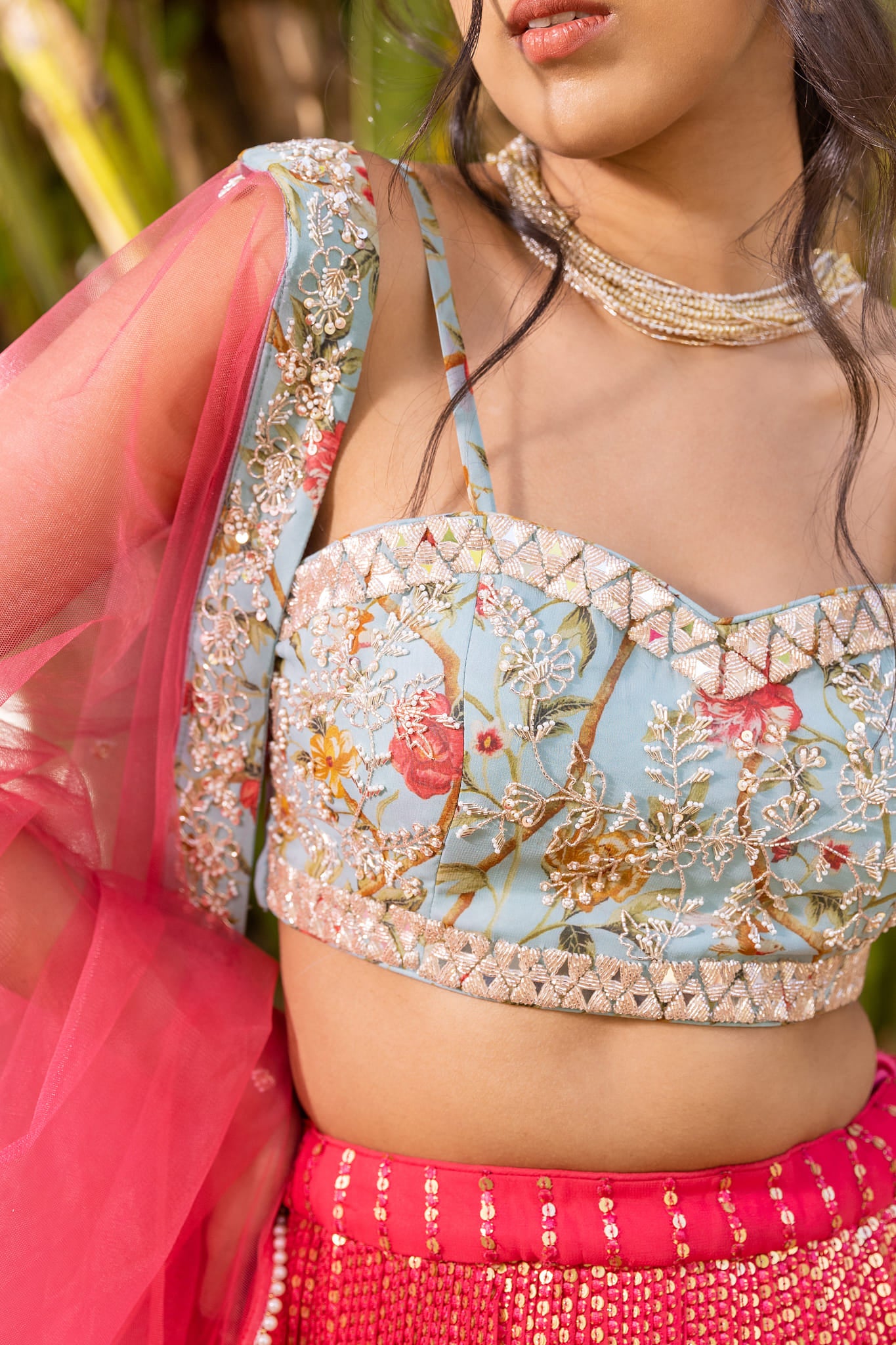 Coral And Light Blue Lehenga Set