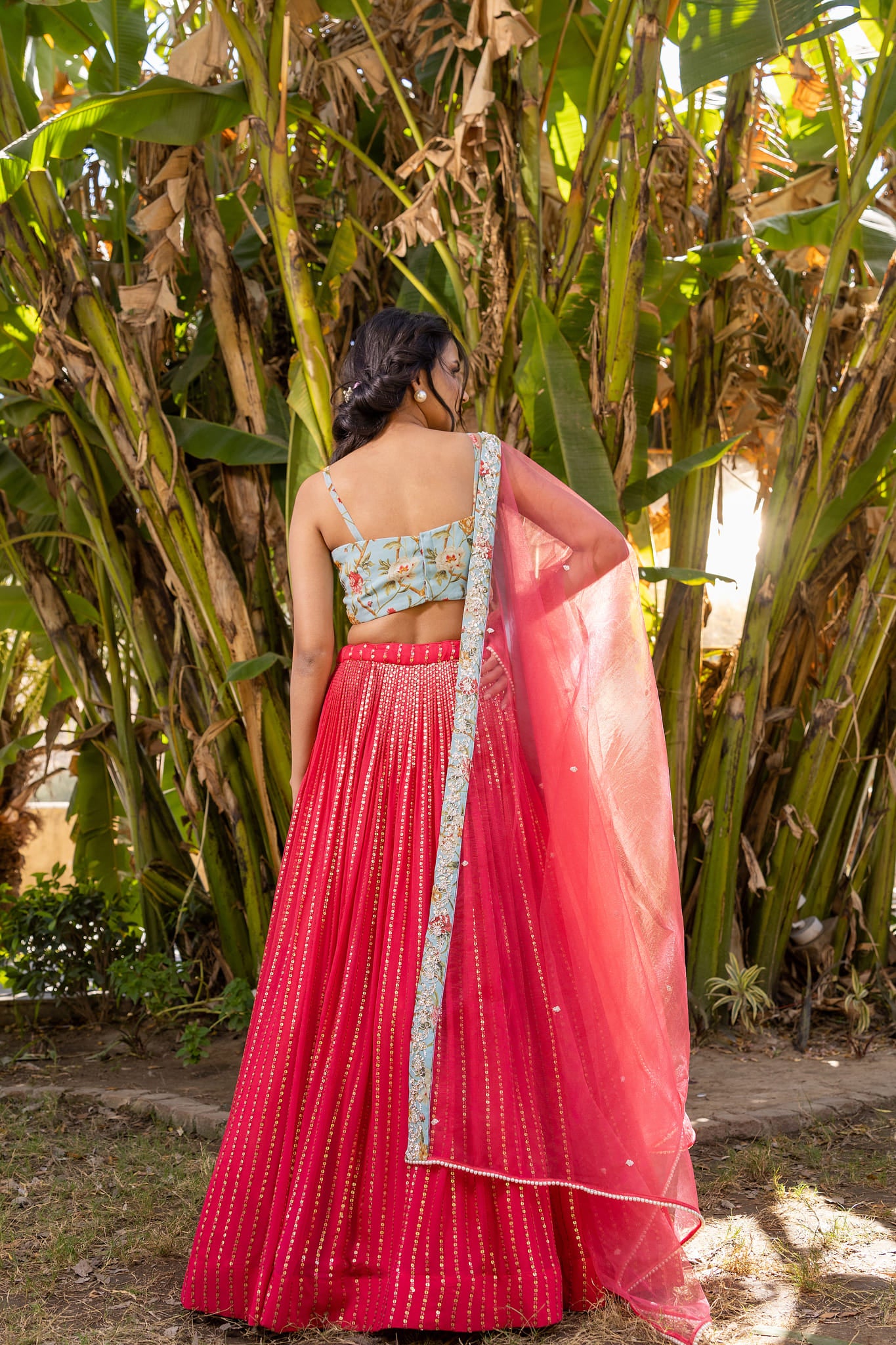 Coral And Light Blue Lehenga Set