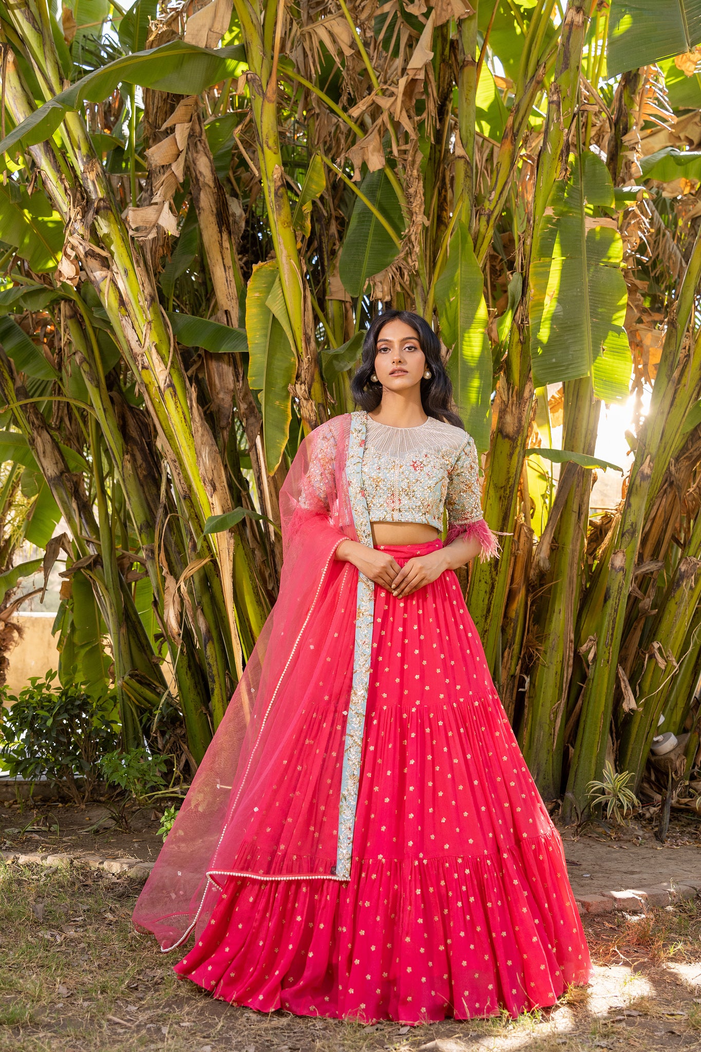 Coral light blue fur lehenga set