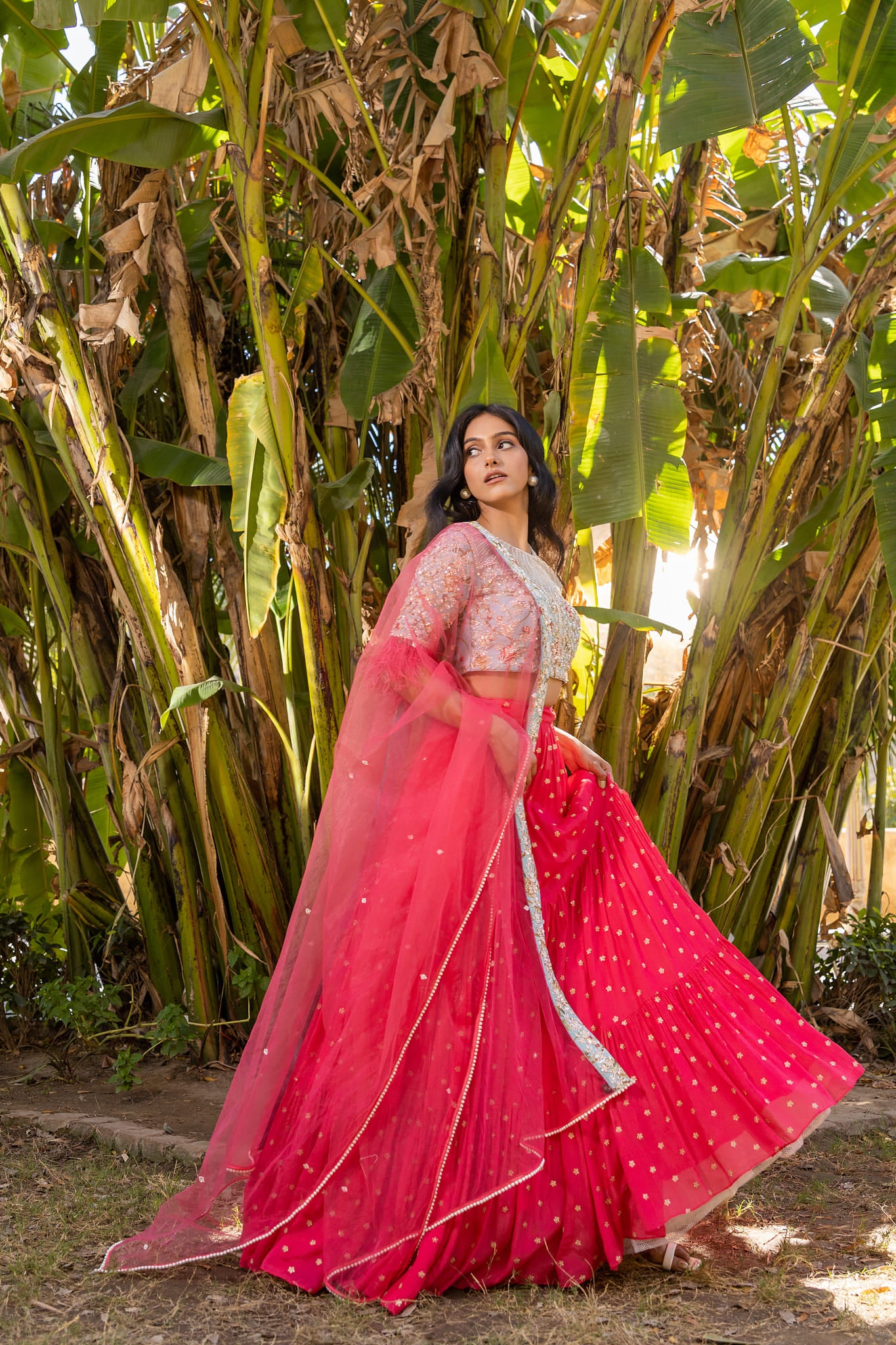 Coral And Light Blue Lehenga Set