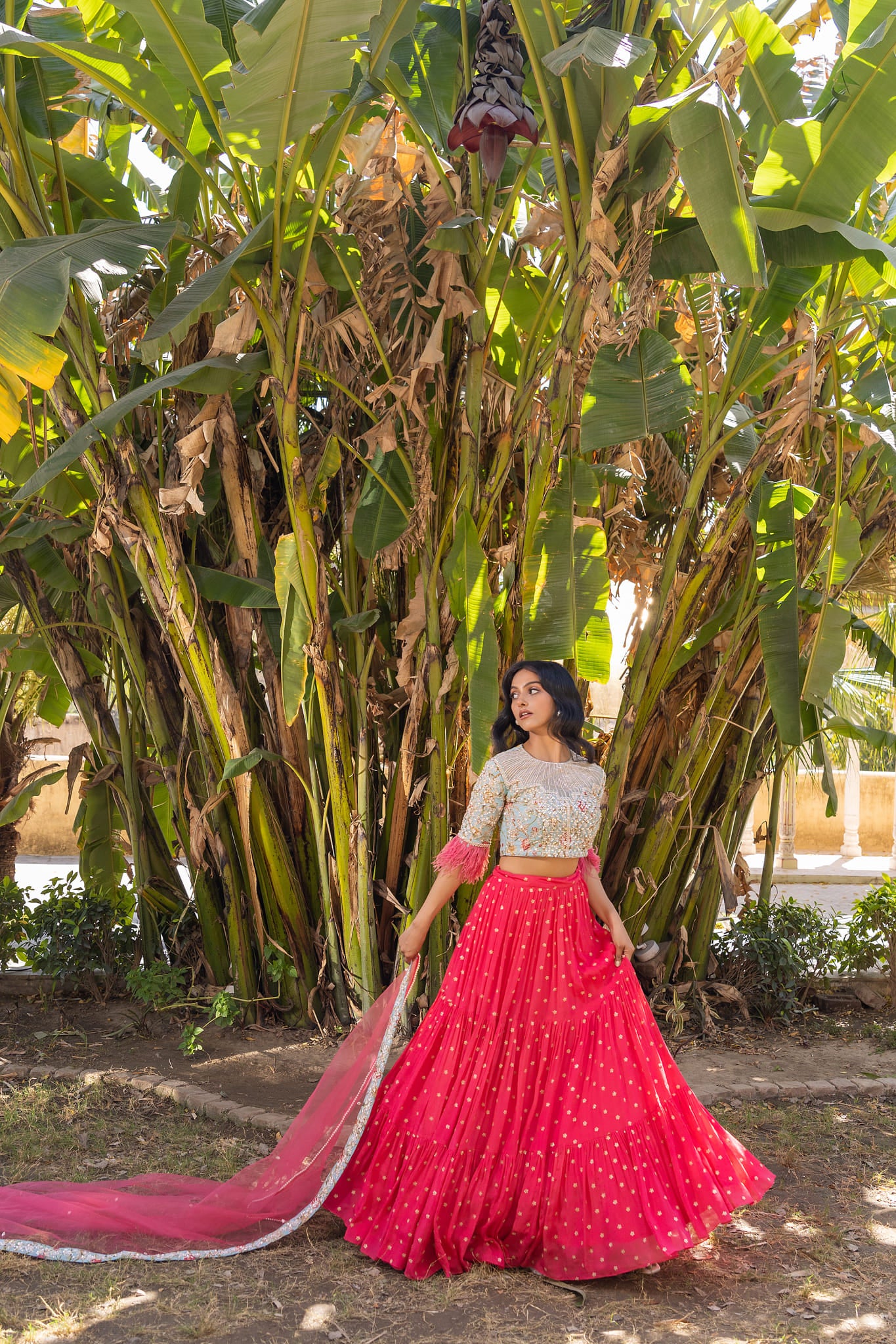 Coral And Light Blue Lehenga Set