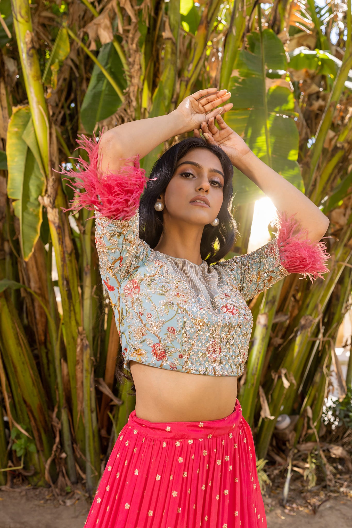 Coral And Light Blue Lehenga Set