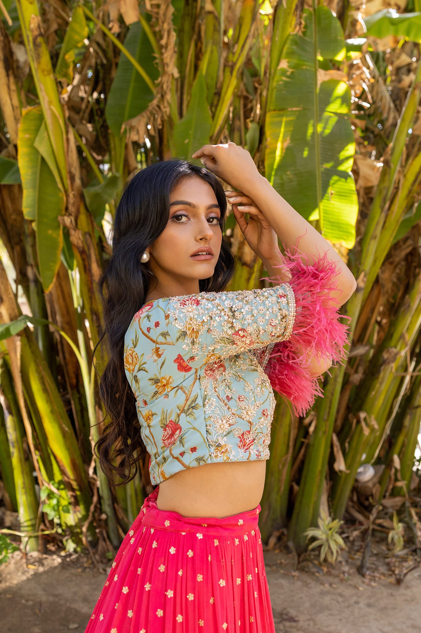 Coral And Light Blue Lehenga Set