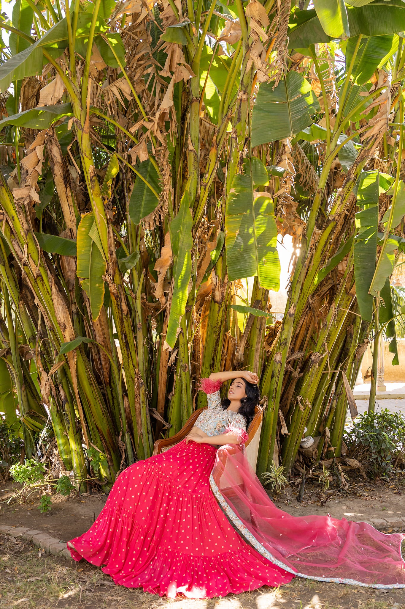 Coral And Light Blue Lehenga Set