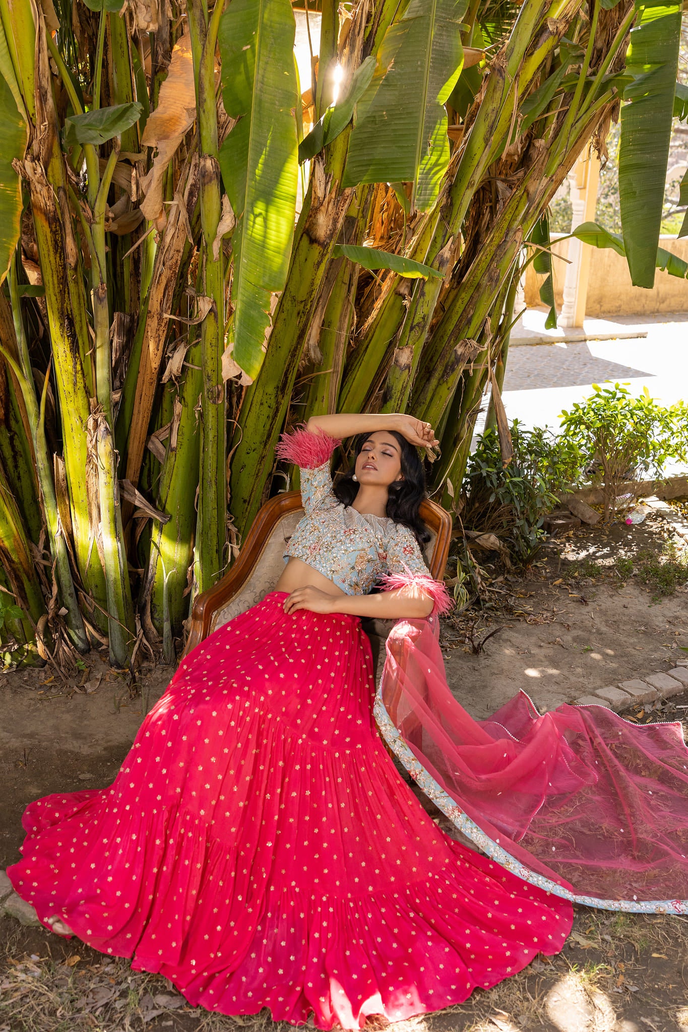 Coral And Light Blue Lehenga Set