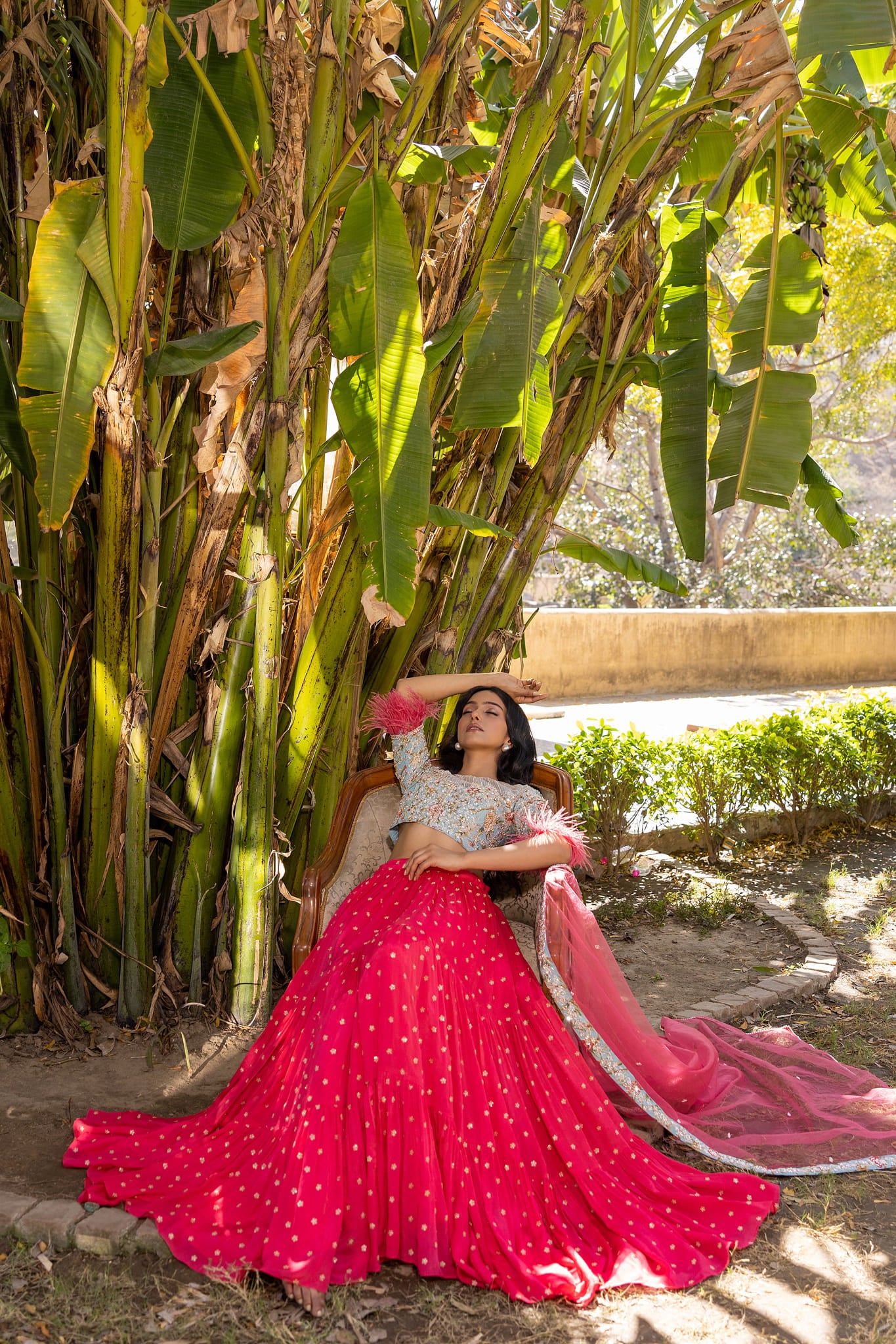 Coral And Light Blue Lehenga Set
