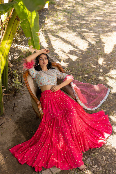 Coral And Light Blue Lehenga Set