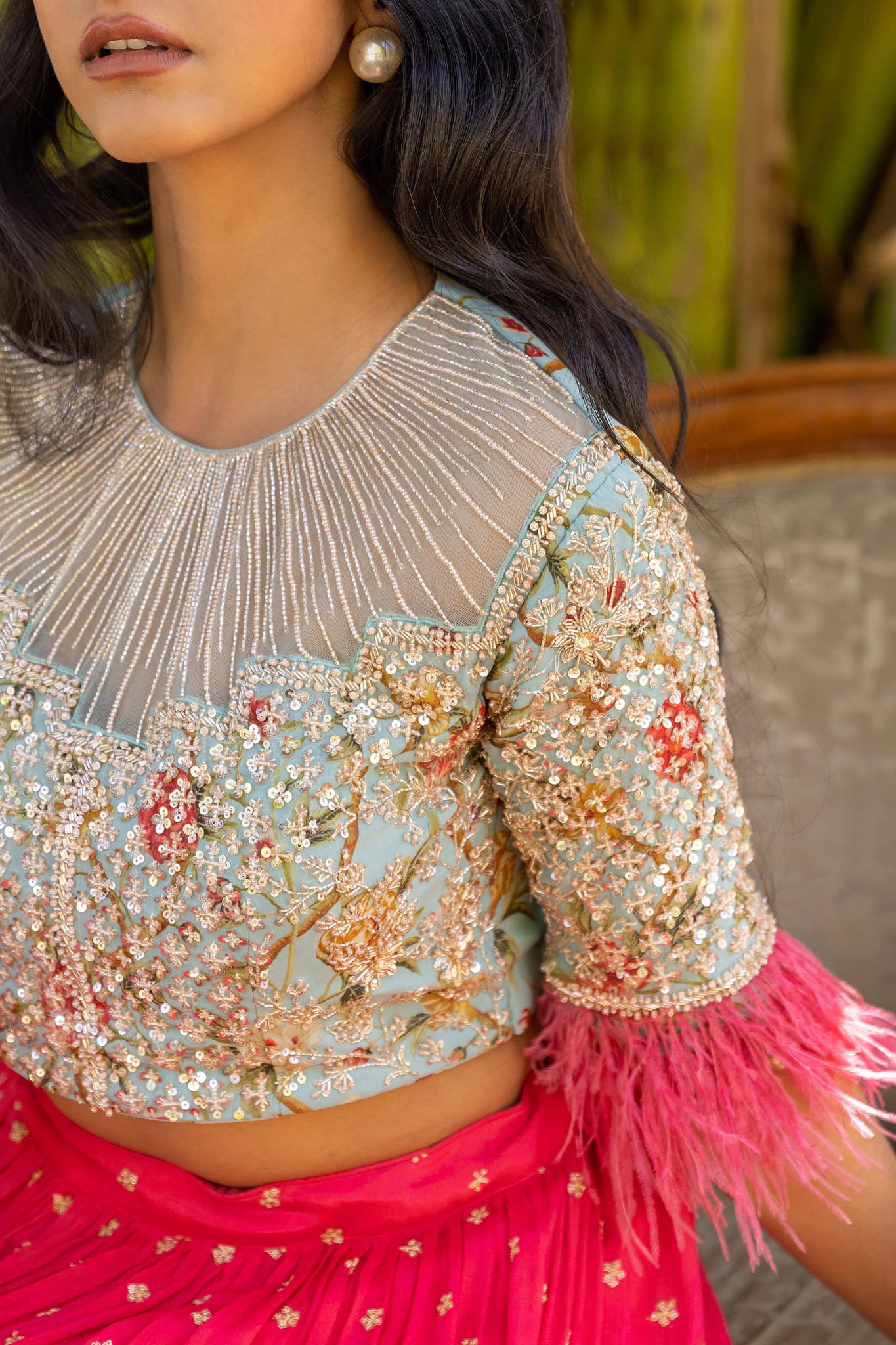 Coral And Light Blue Lehenga Set