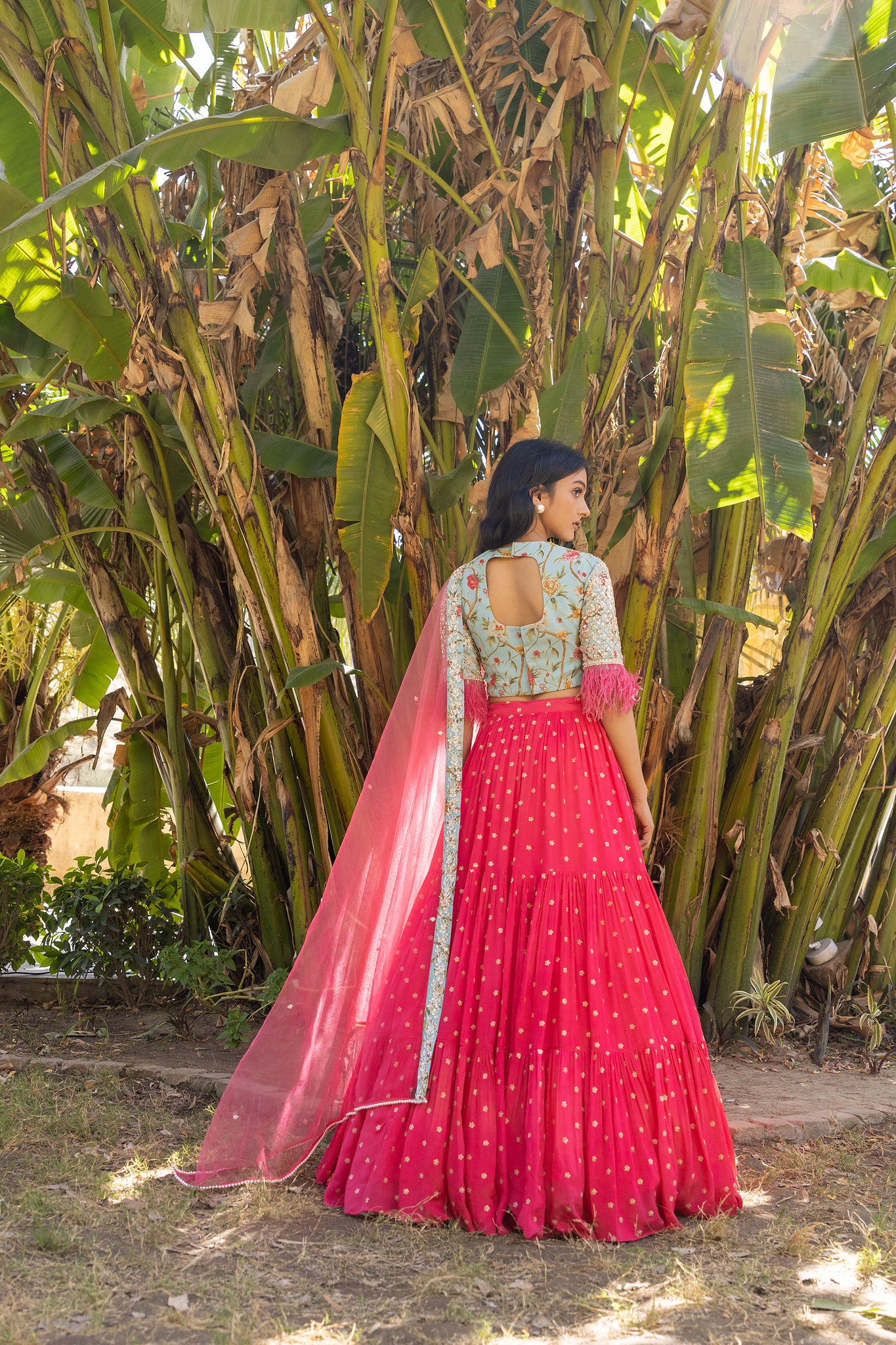 Coral light blue fur lehenga set