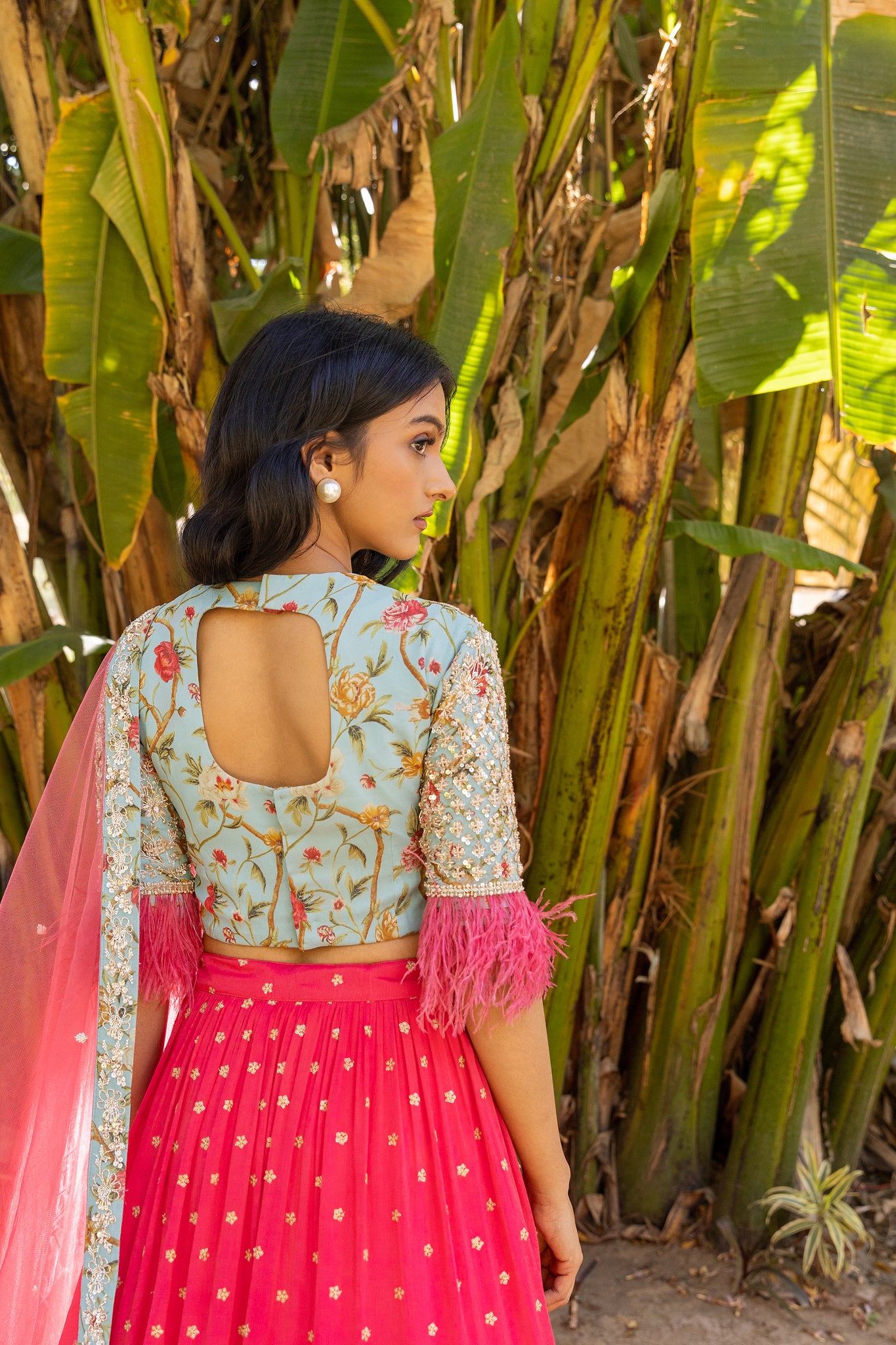 Coral light blue fur lehenga set