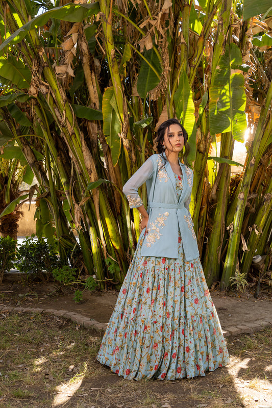 Light blue layer jacket lehenga set