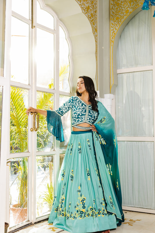 Teal multi thread lehenga set