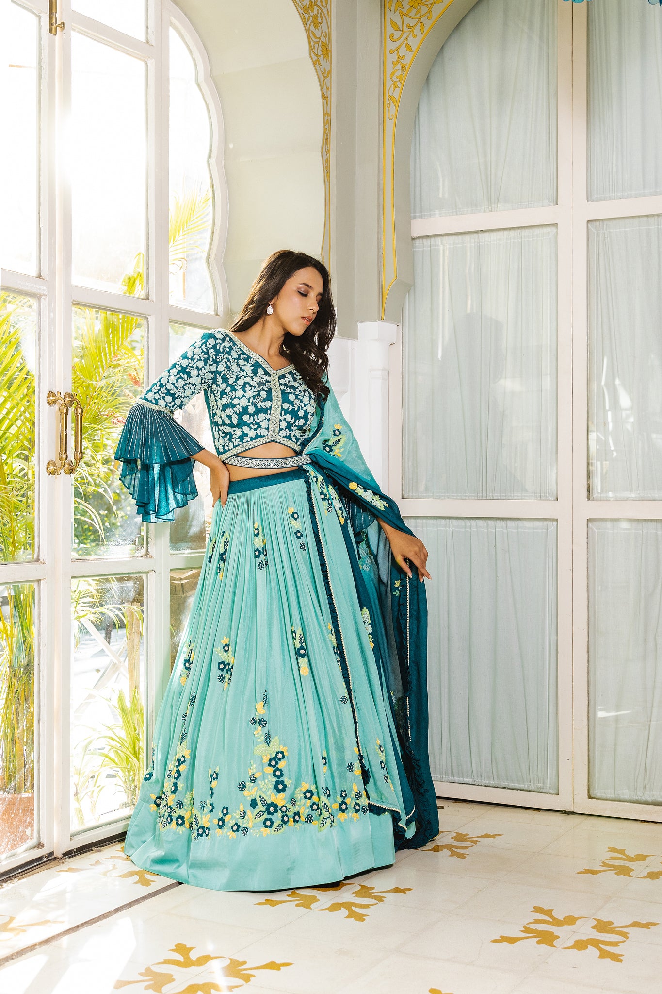 Teal multi thread lehenga set