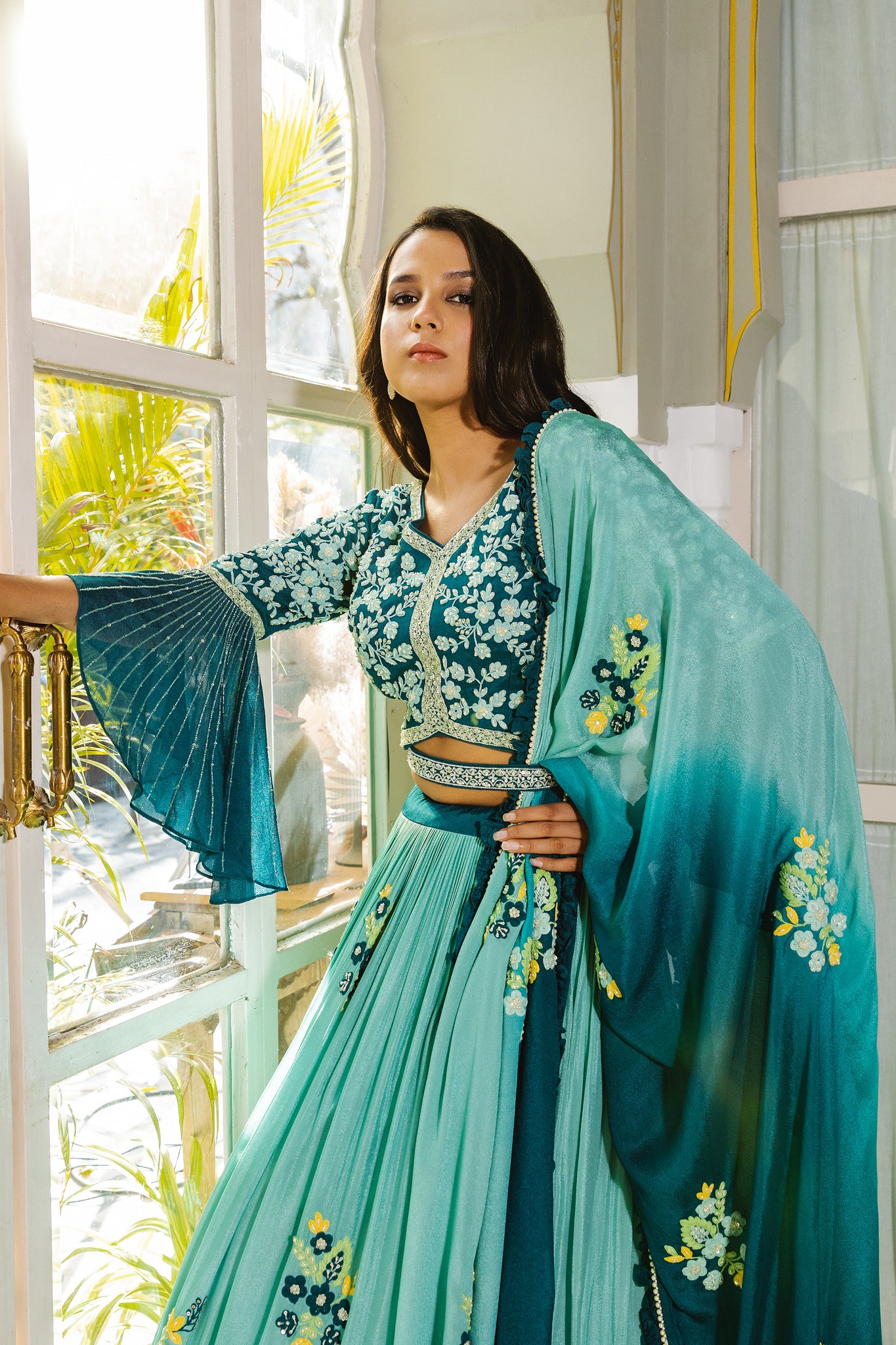 Teal multi thread lehenga set