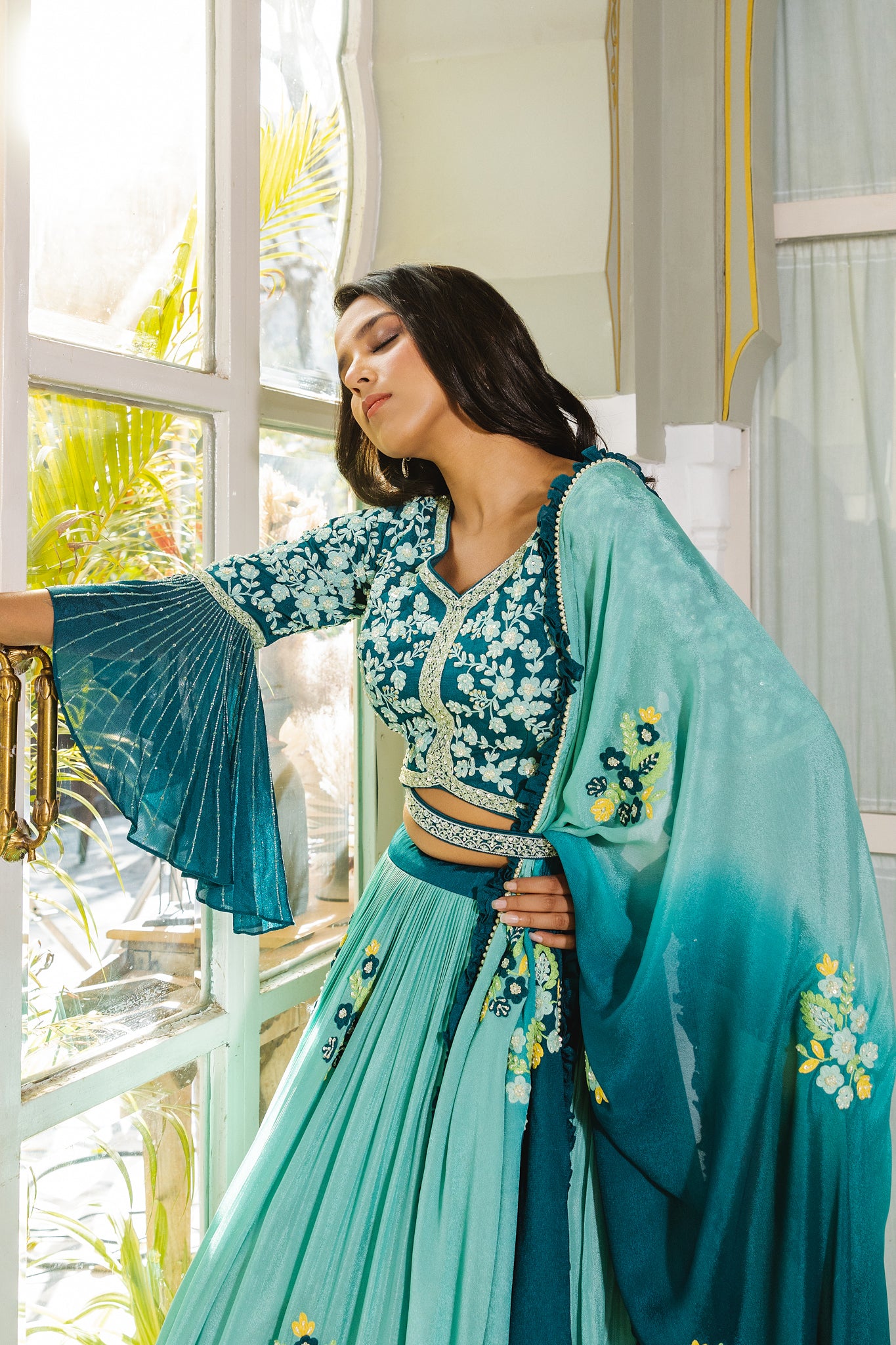 Teal multi thread lehenga set