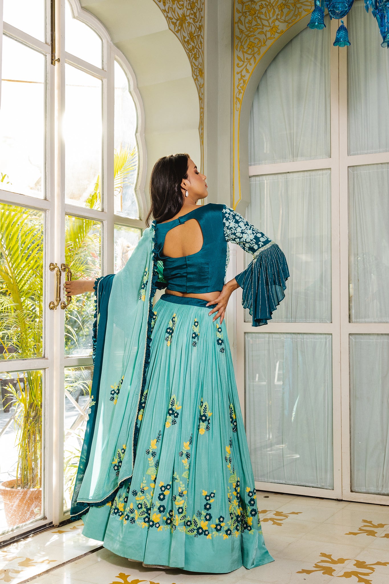 Teal multi thread lehenga set