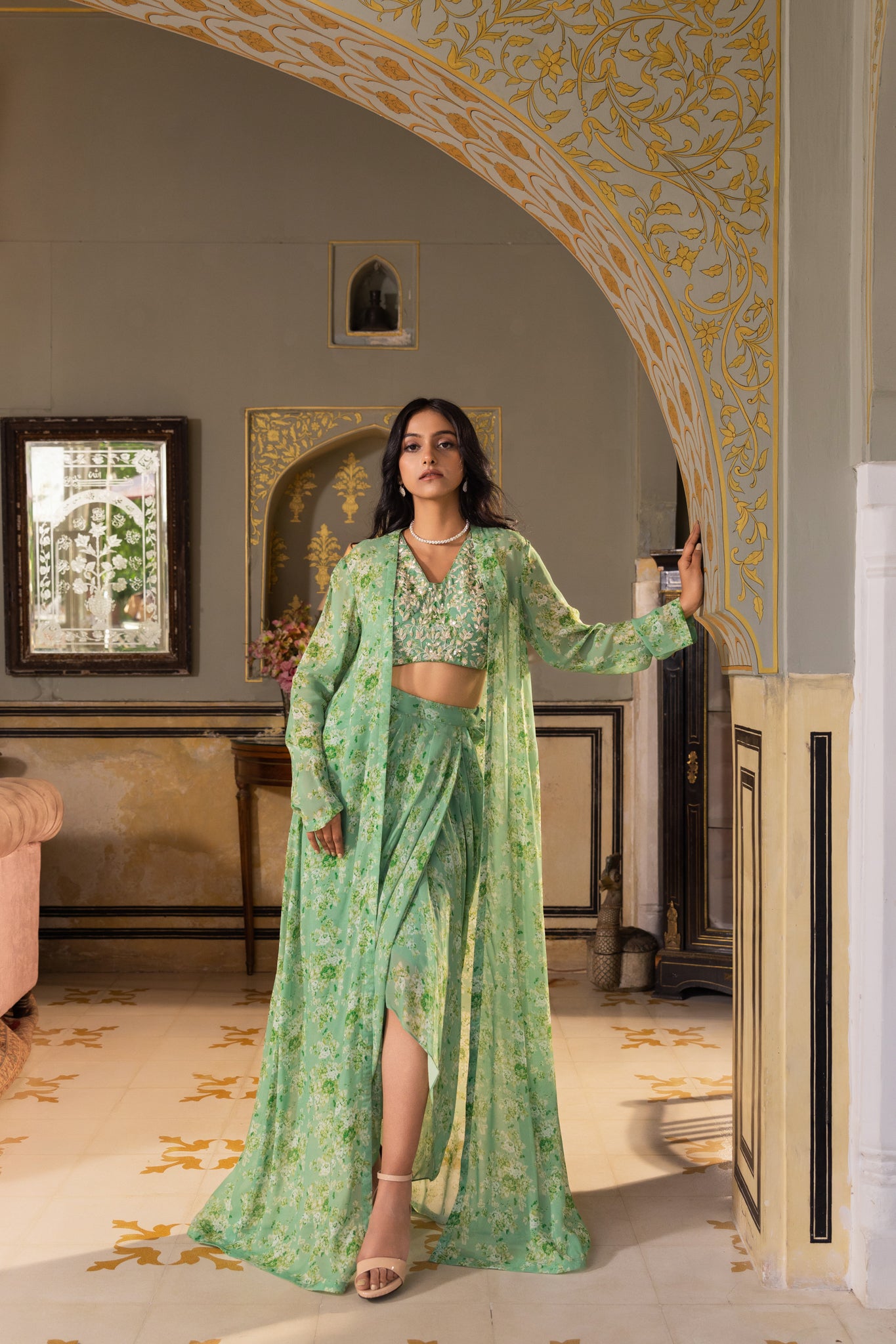 Green Georgette Draped Skirt Set