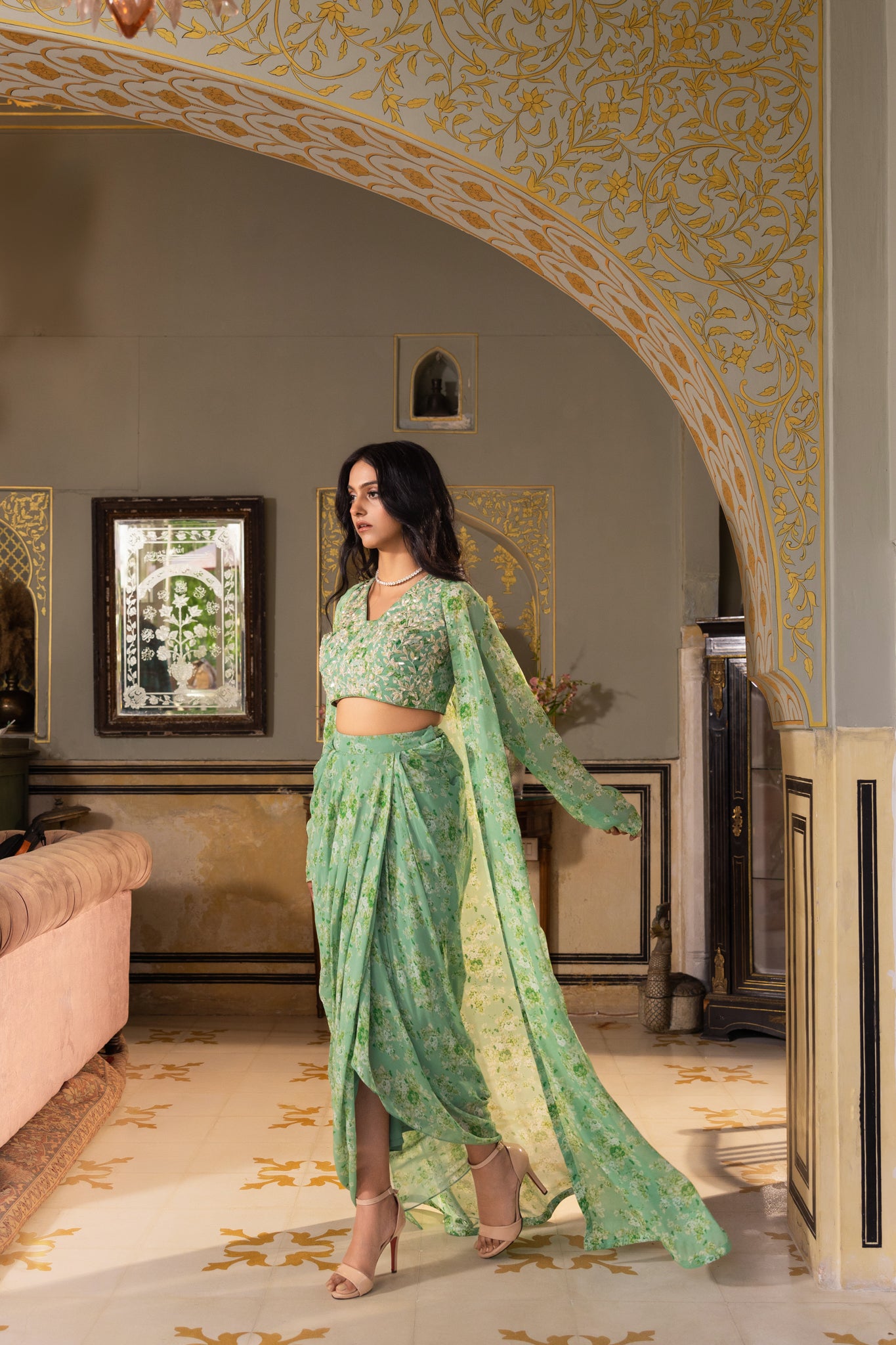 Green Georgette Draped Skirt Set