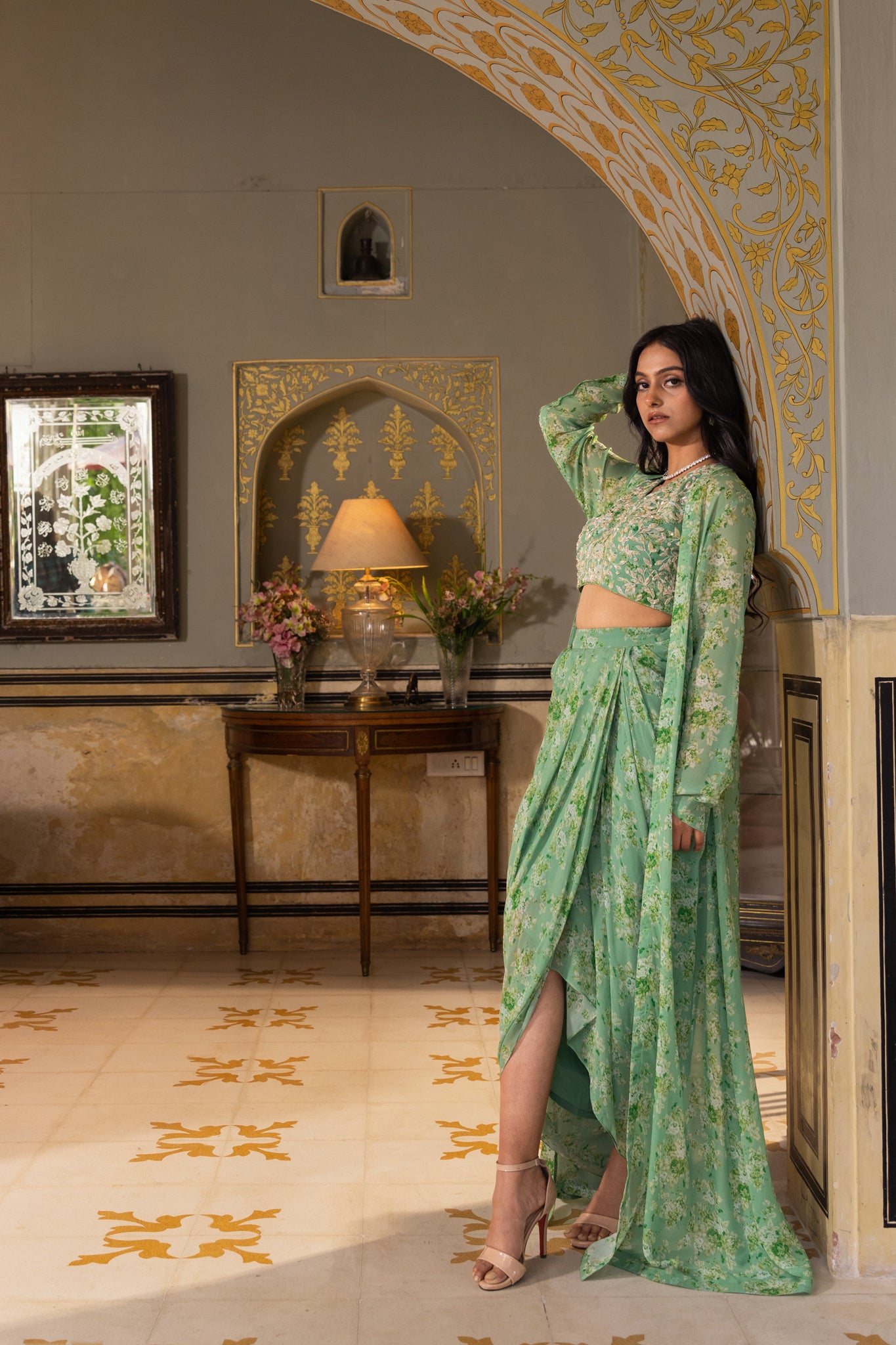 Green Georgette Draped Skirt Set