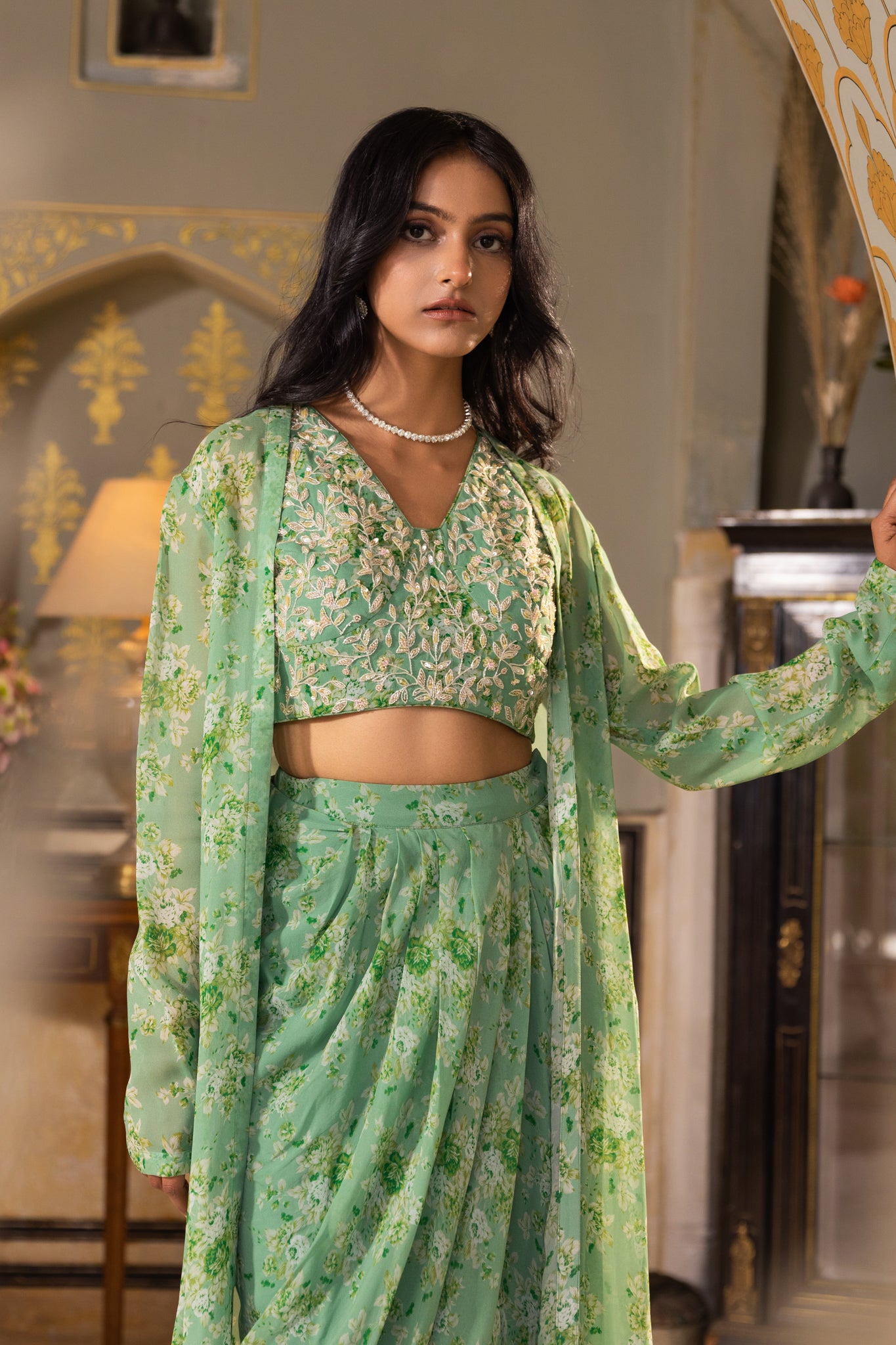 Green Georgette Draped Skirt Set