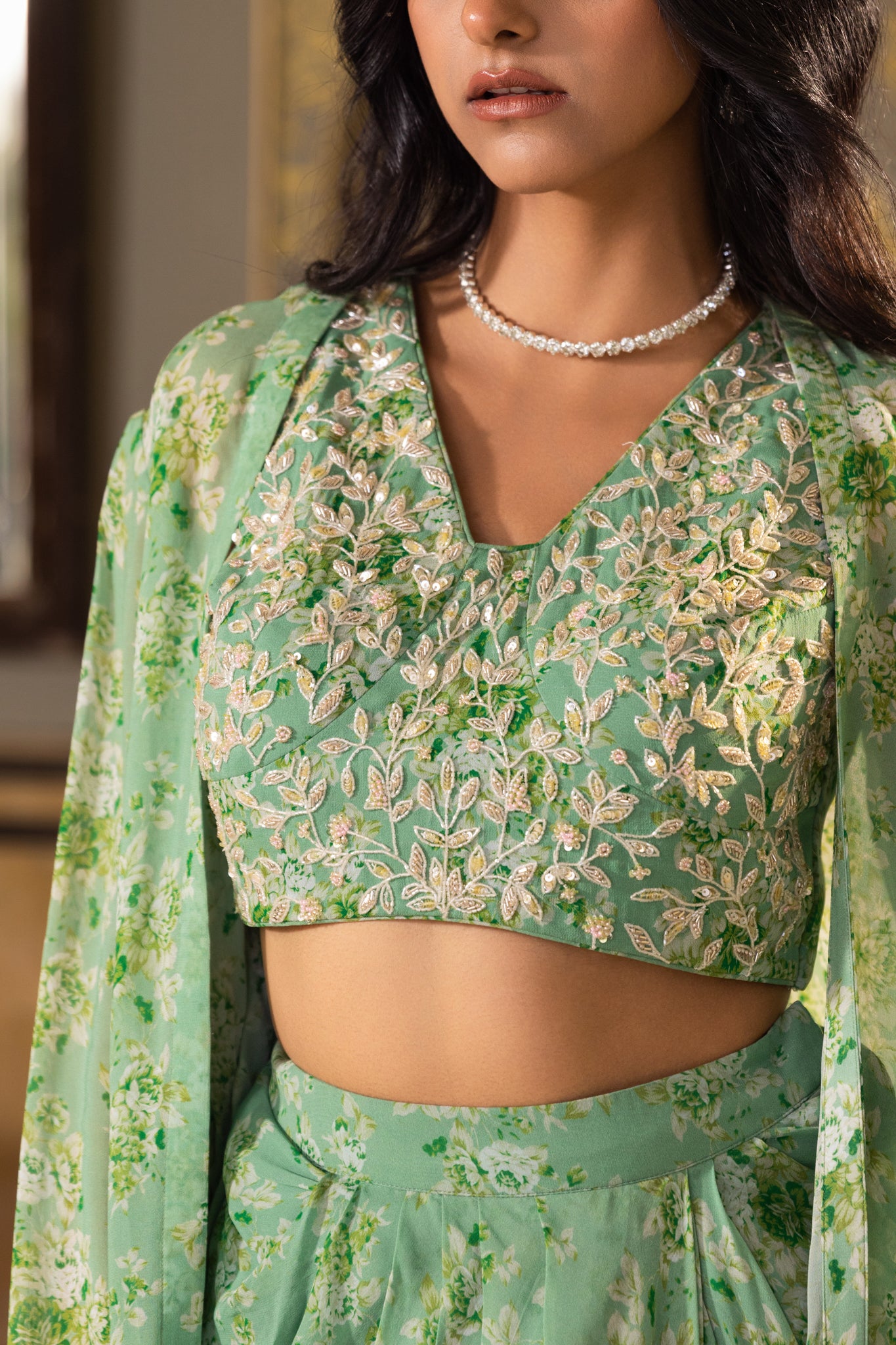 Green Georgette Draped Skirt Set