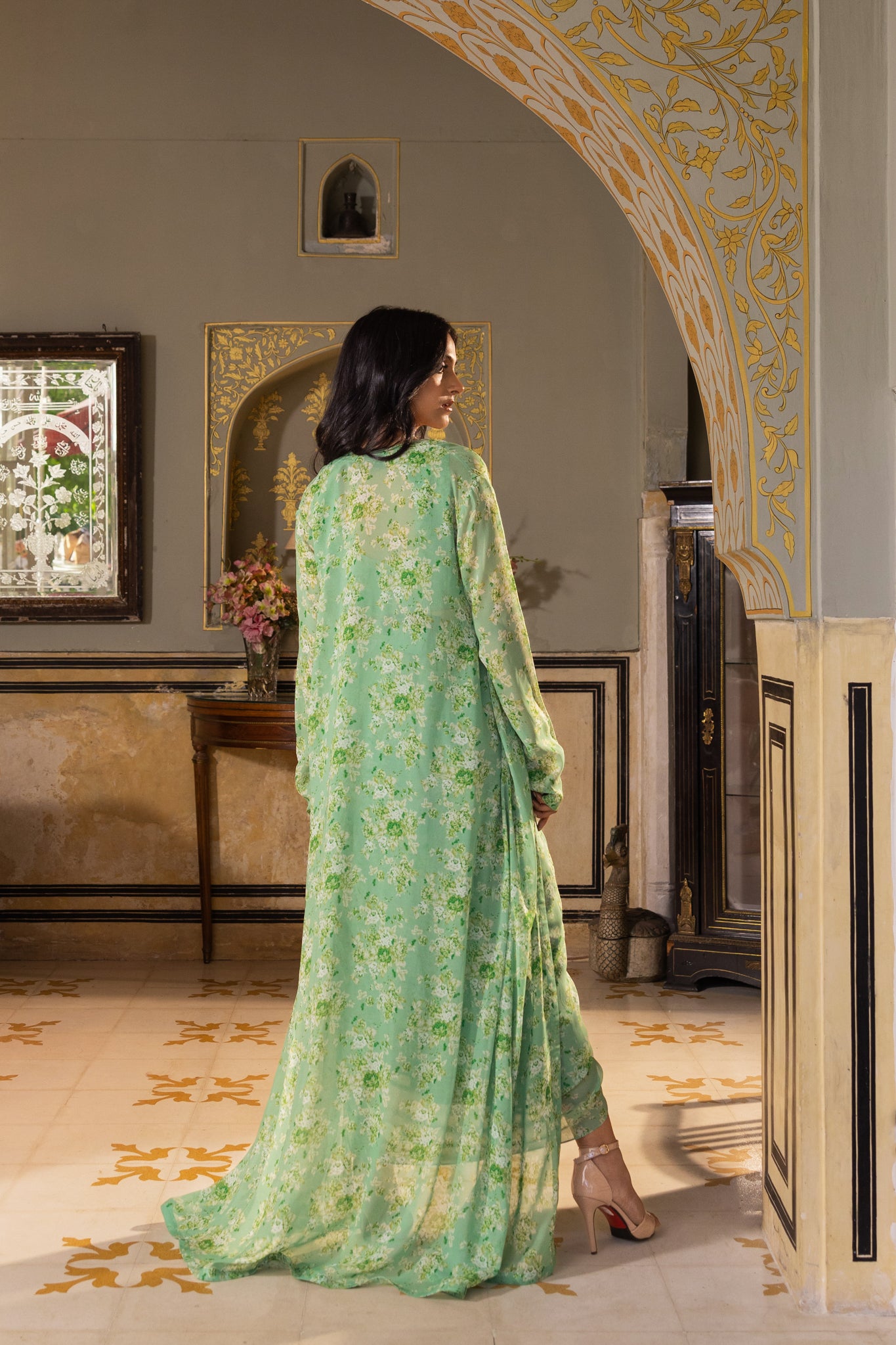 Green Georgette Draped Skirt Set