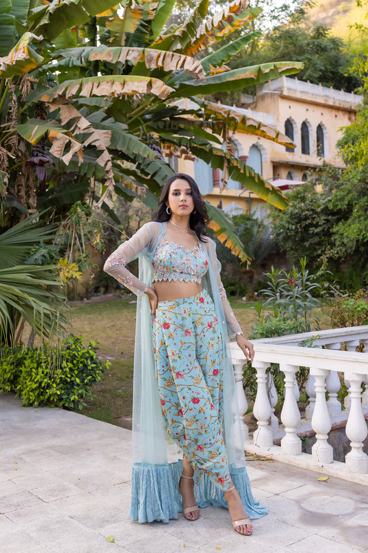 Light Blue Georgette Hand Embroidered Jacket Set